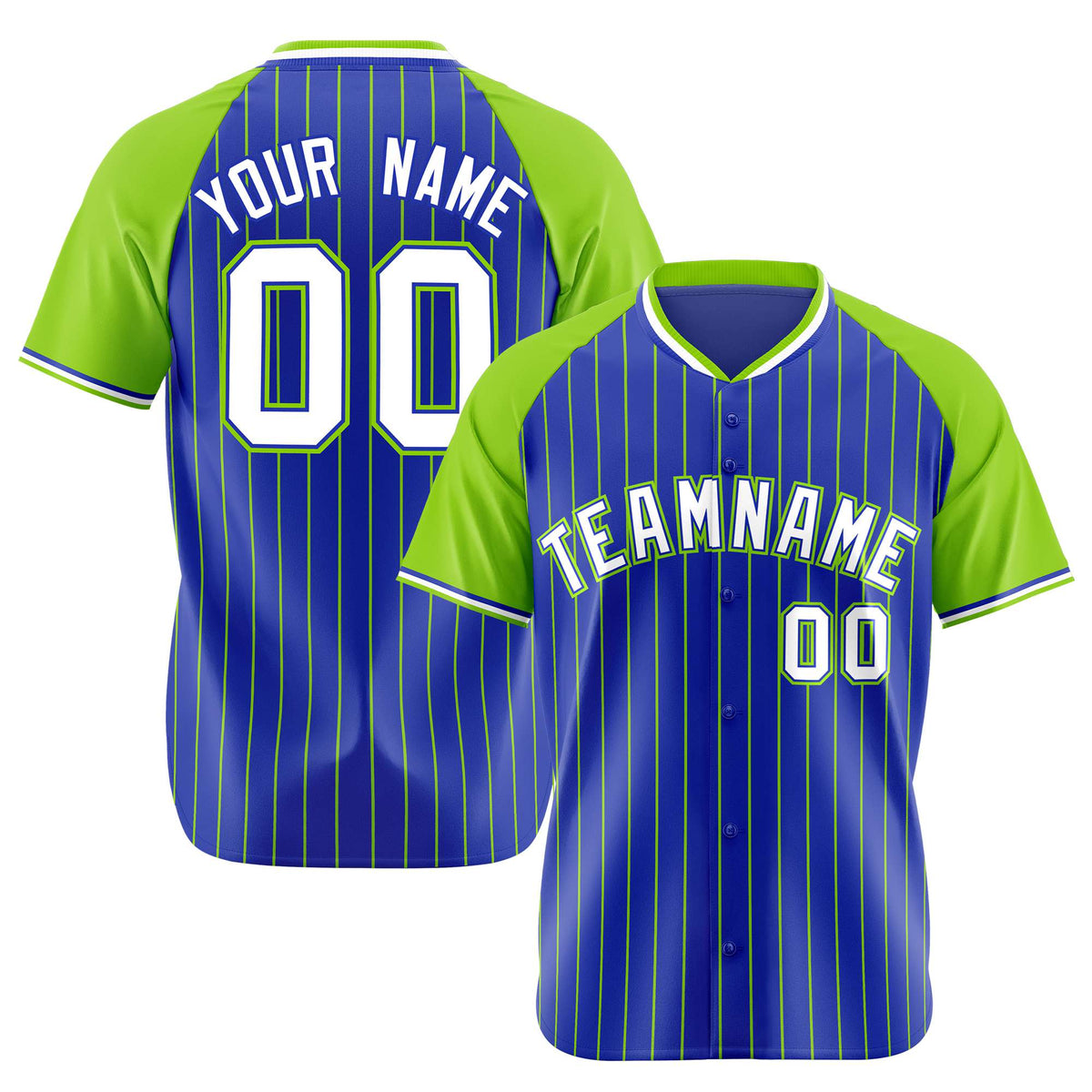 Custom Royal Blue-Green Pinstripe Authentic Raglan Sleeves Baseball Jersey