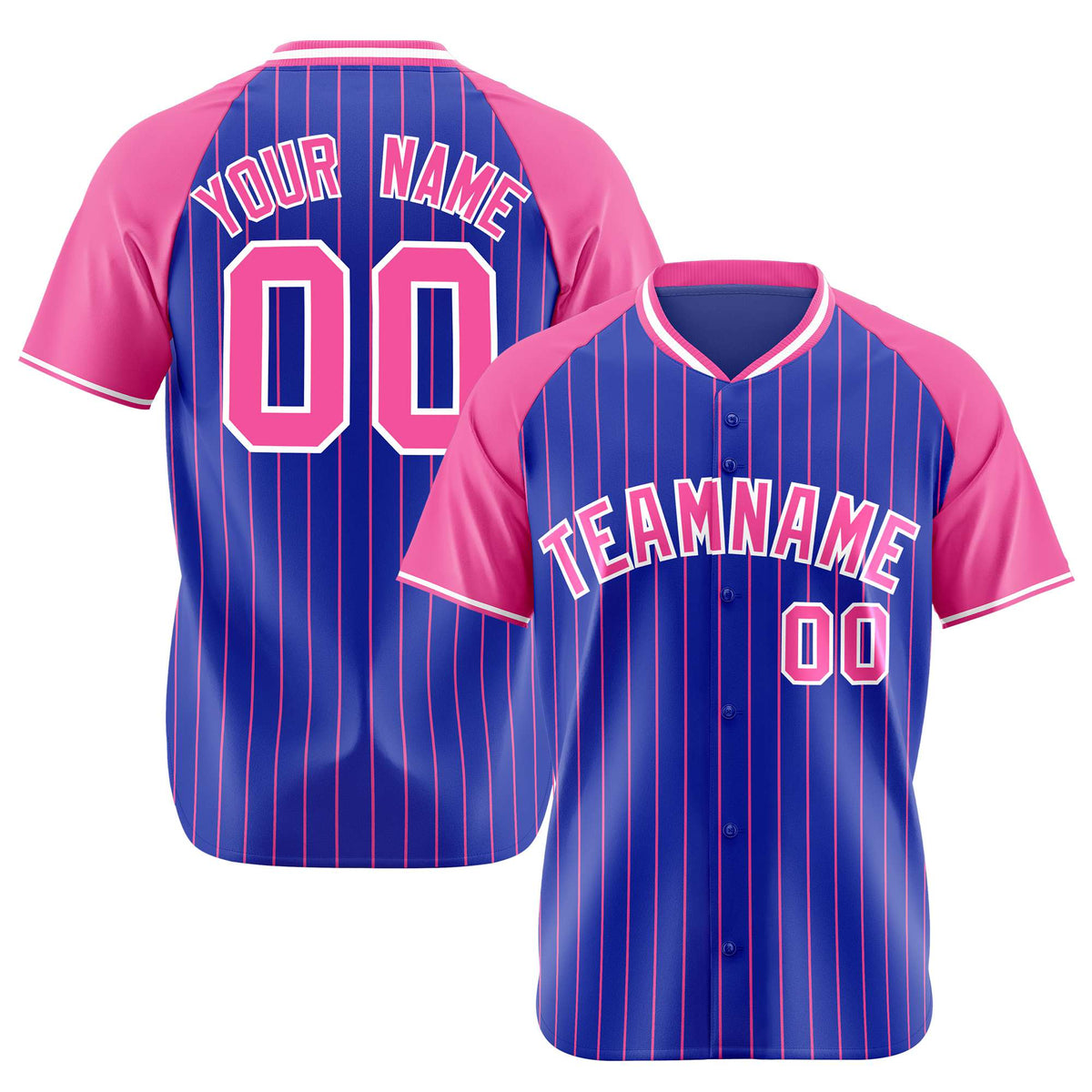 Custom Royal Blue-Pink Pinstripe Authentic Raglan Sleeves Baseball Jersey