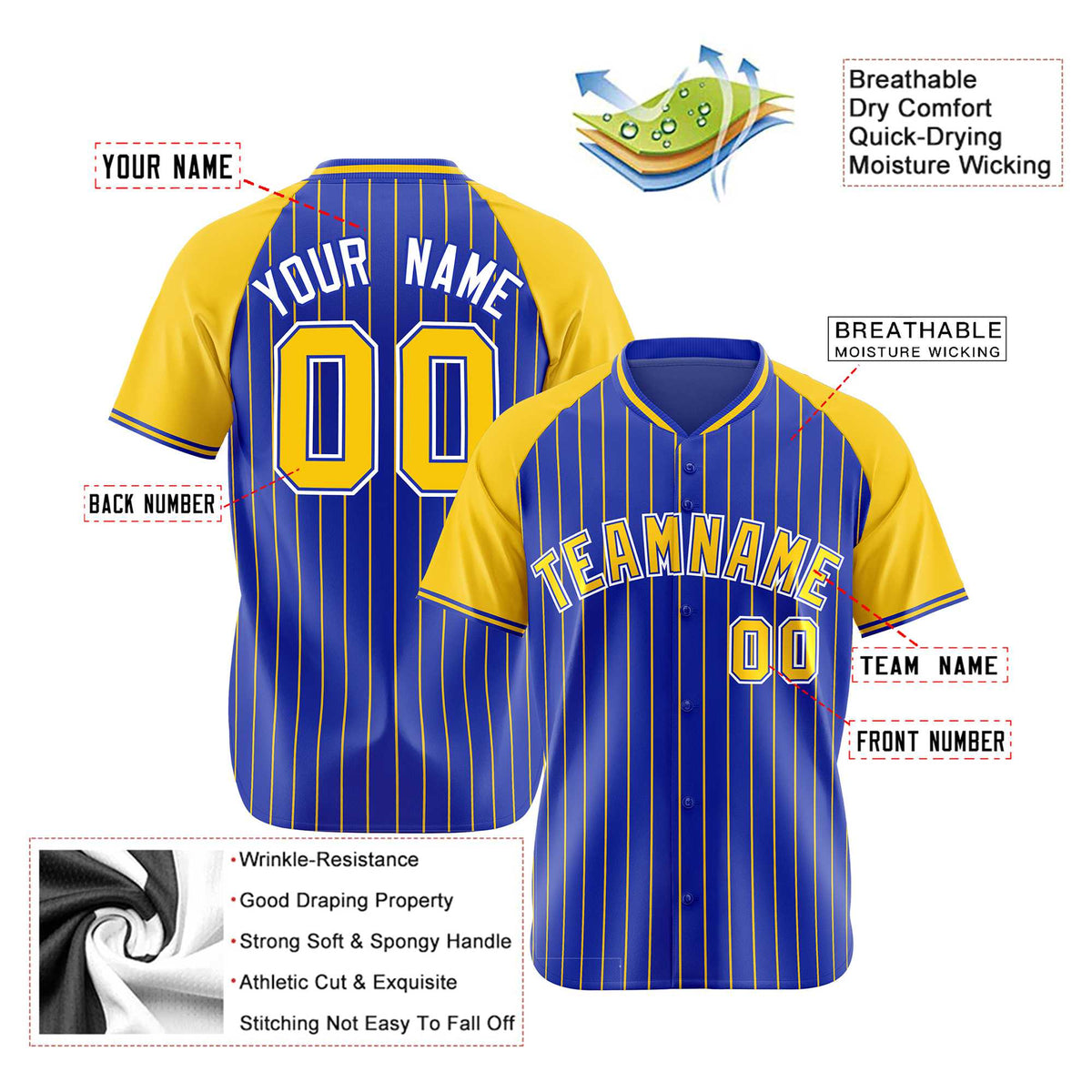 Custom Royal Blue-Gold Pinstripe Authentic Raglan Sleeves Baseball Jersey