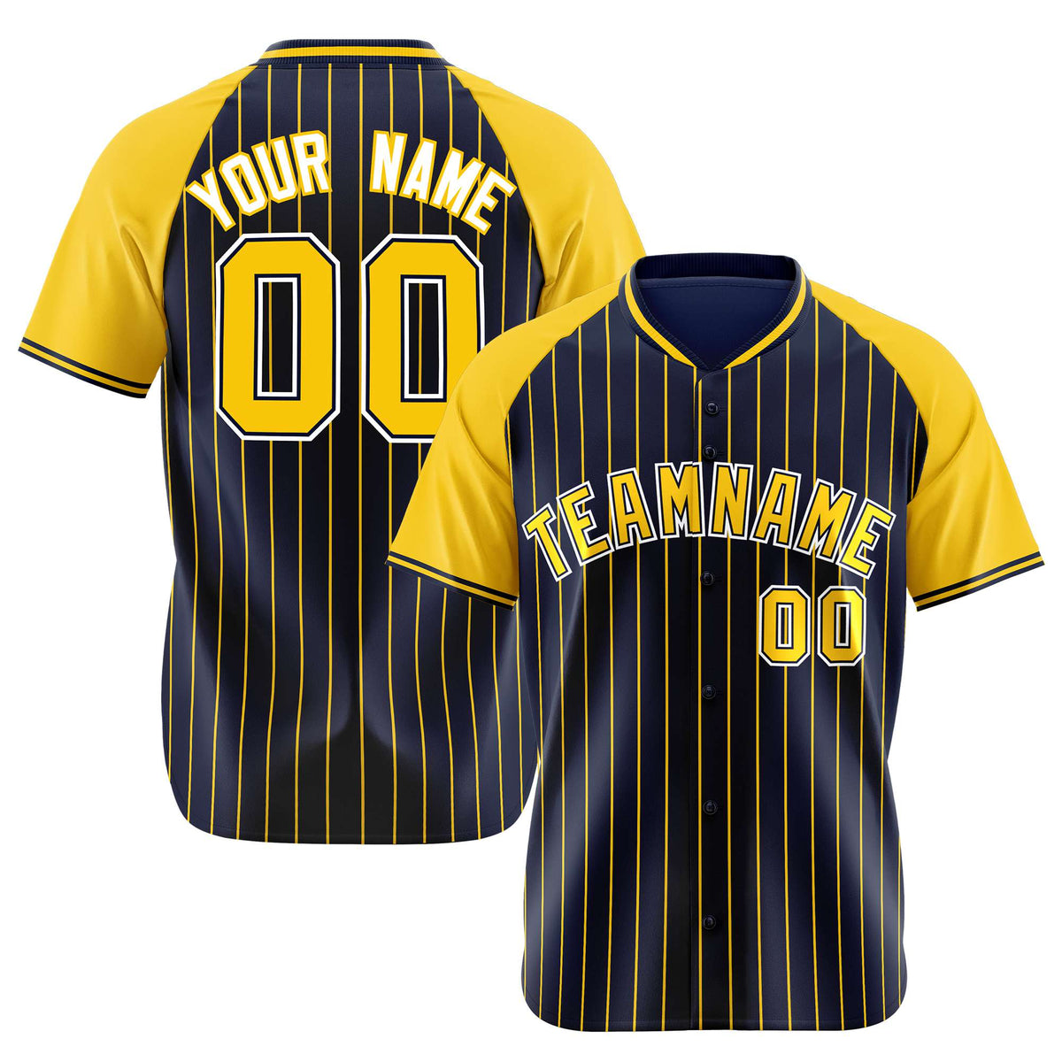 Custom Navy Yellow Pinstripe Yellow-Navy Authentic Raglan Sleeves Baseball Jersey