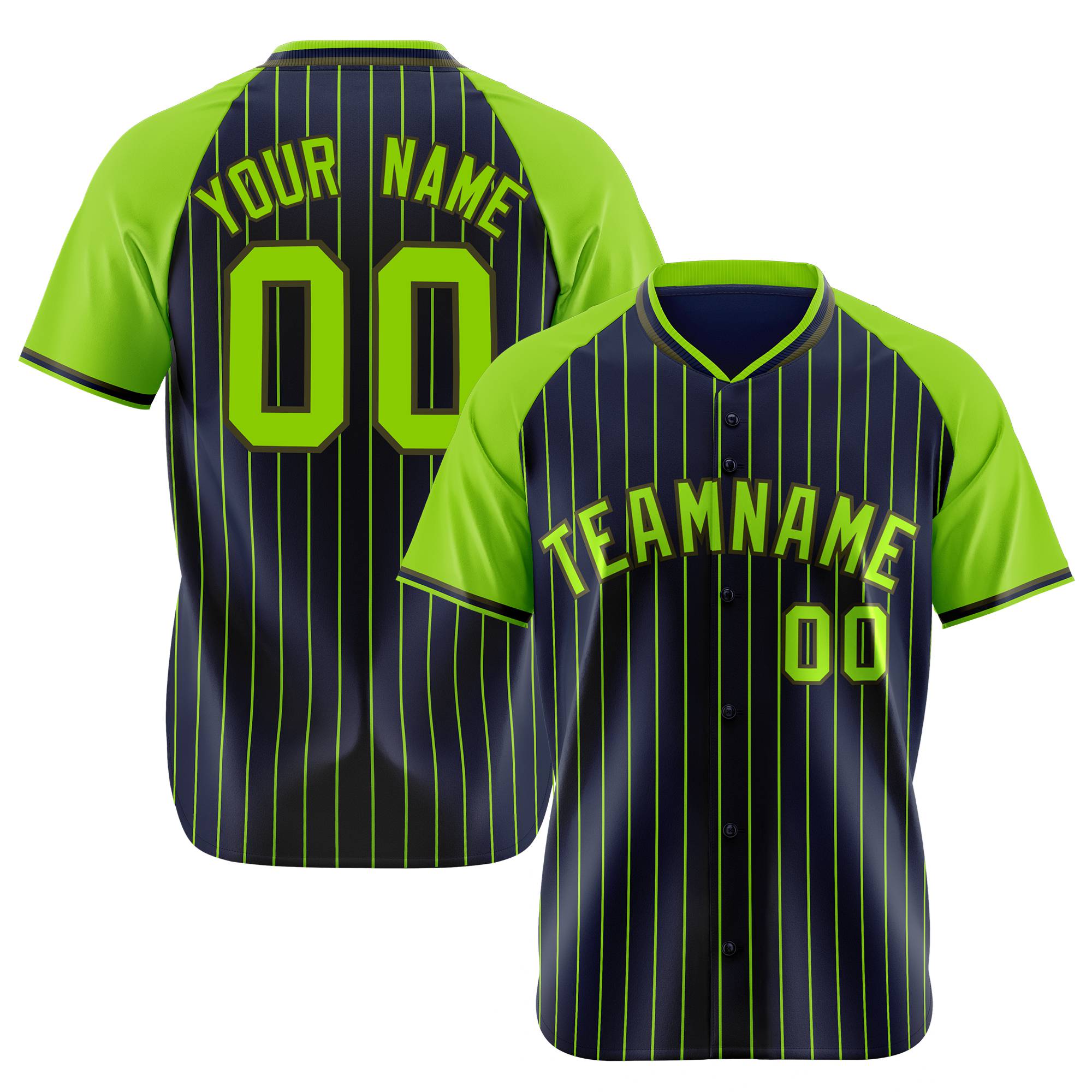 Custom Navy-Neon Green Pinstripe Authentic Raglan Sleeves Baseball Jersey