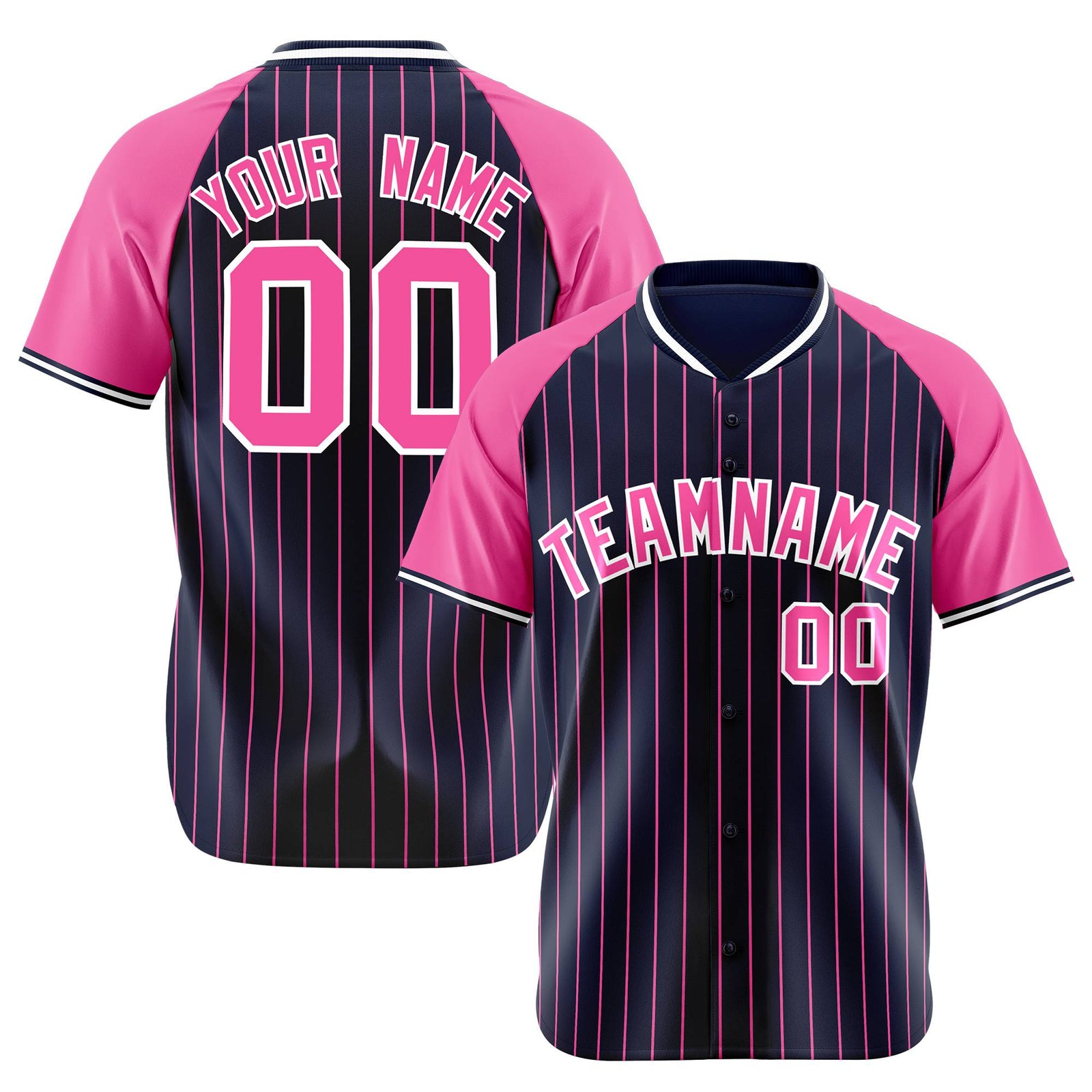 Custom Navy Pink Pinstripe Pink-Navy Authentic Raglan Sleeves Baseball Jersey