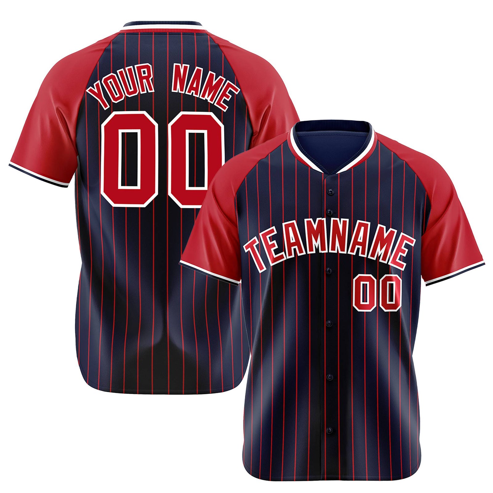 Custom Navy Red Pinstripe Red-Navy Authentic Raglan Sleeves Baseball Jersey
