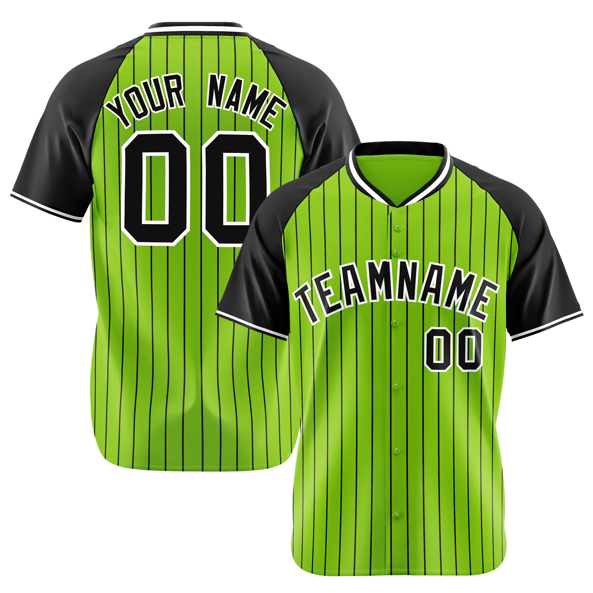 Custom Neon Green-Black Pinstripe Black Neon Green Authentic Raglan Sleeves Baseball Jersey