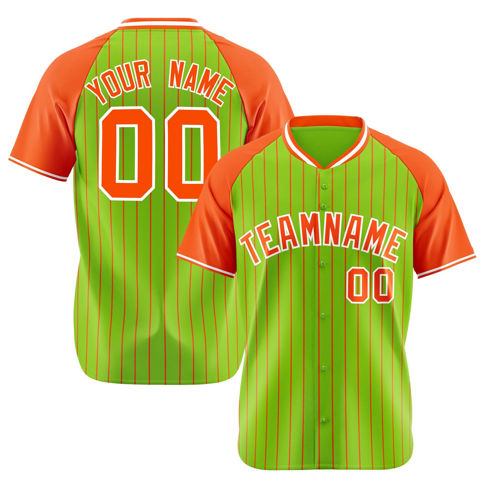 Custom Neon Green Orange Pinstripe Authentic Raglan Sleeves Baseball Jersey
