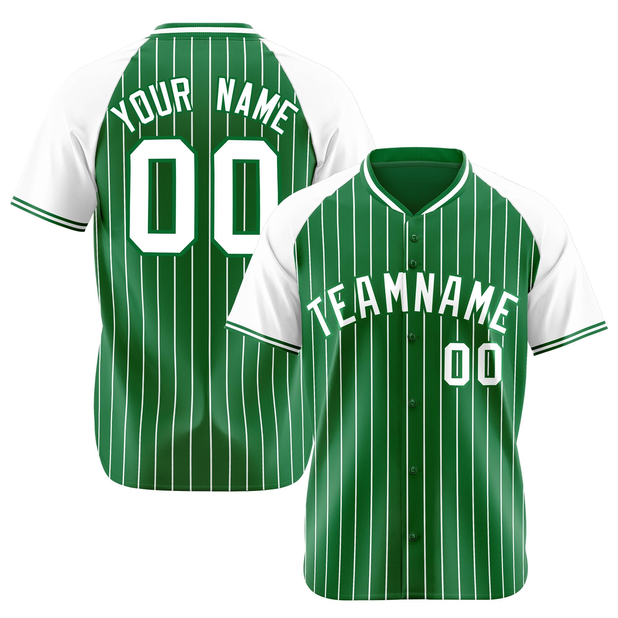 Custom Kelly Green-White Pinstripe Authentic Raglan Sleeves Baseball Jersey