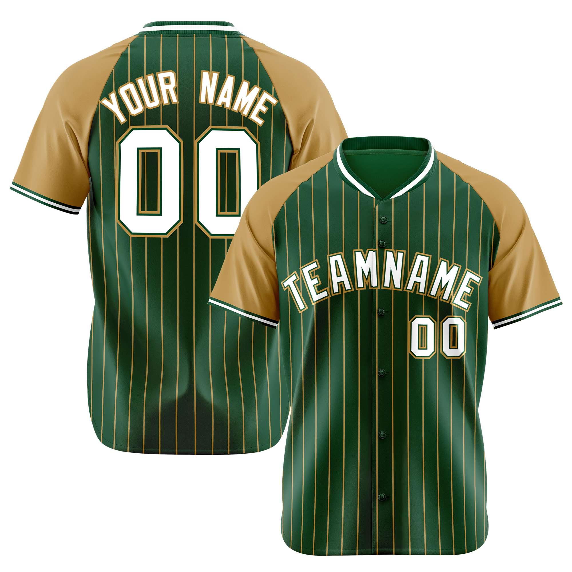 Custom Green-Old Gold Pinstripe Authentic Raglan Sleeves Baseball Jersey