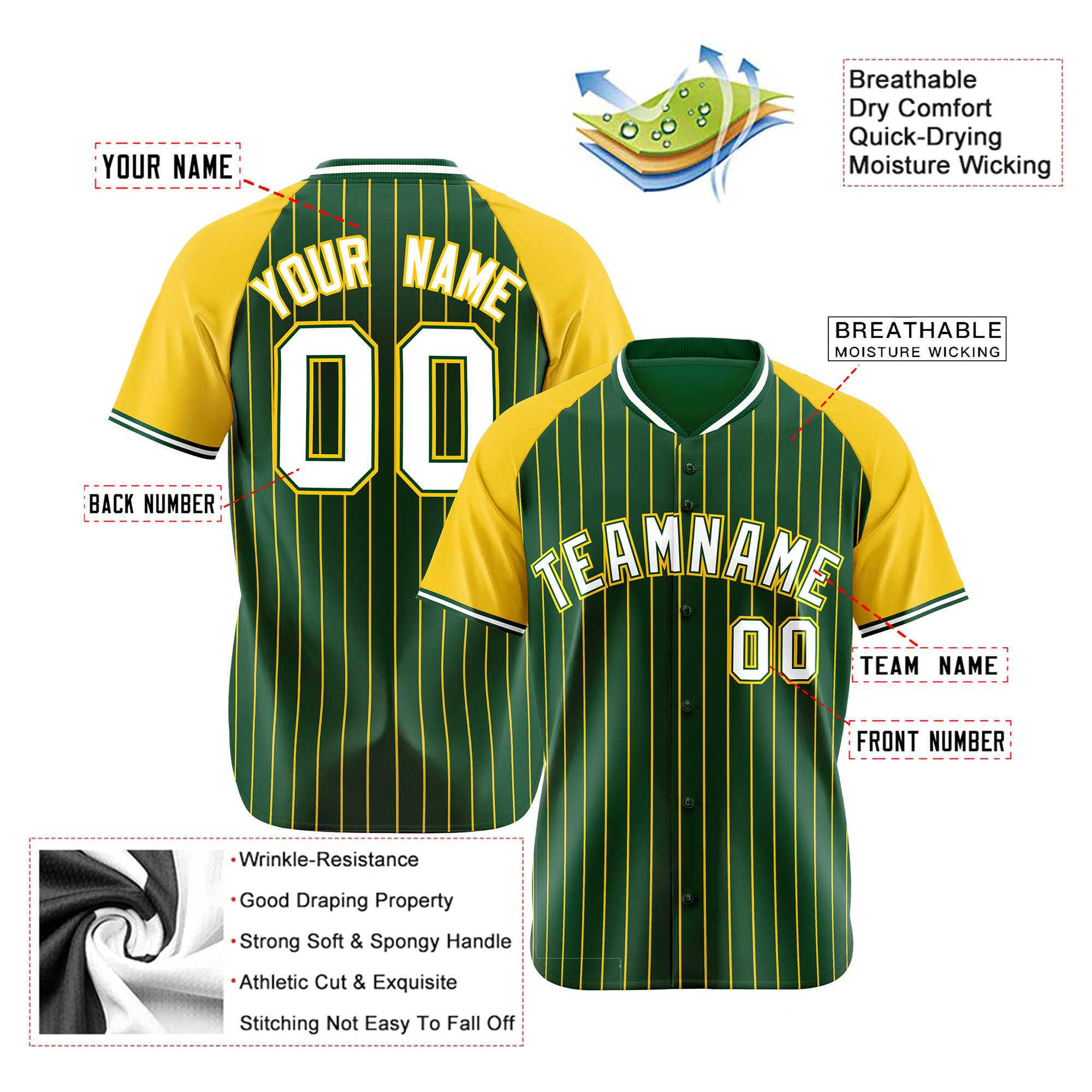 Custom Green Gold Pinstripe Authentic Raglan Sleeves Baseball Jersey