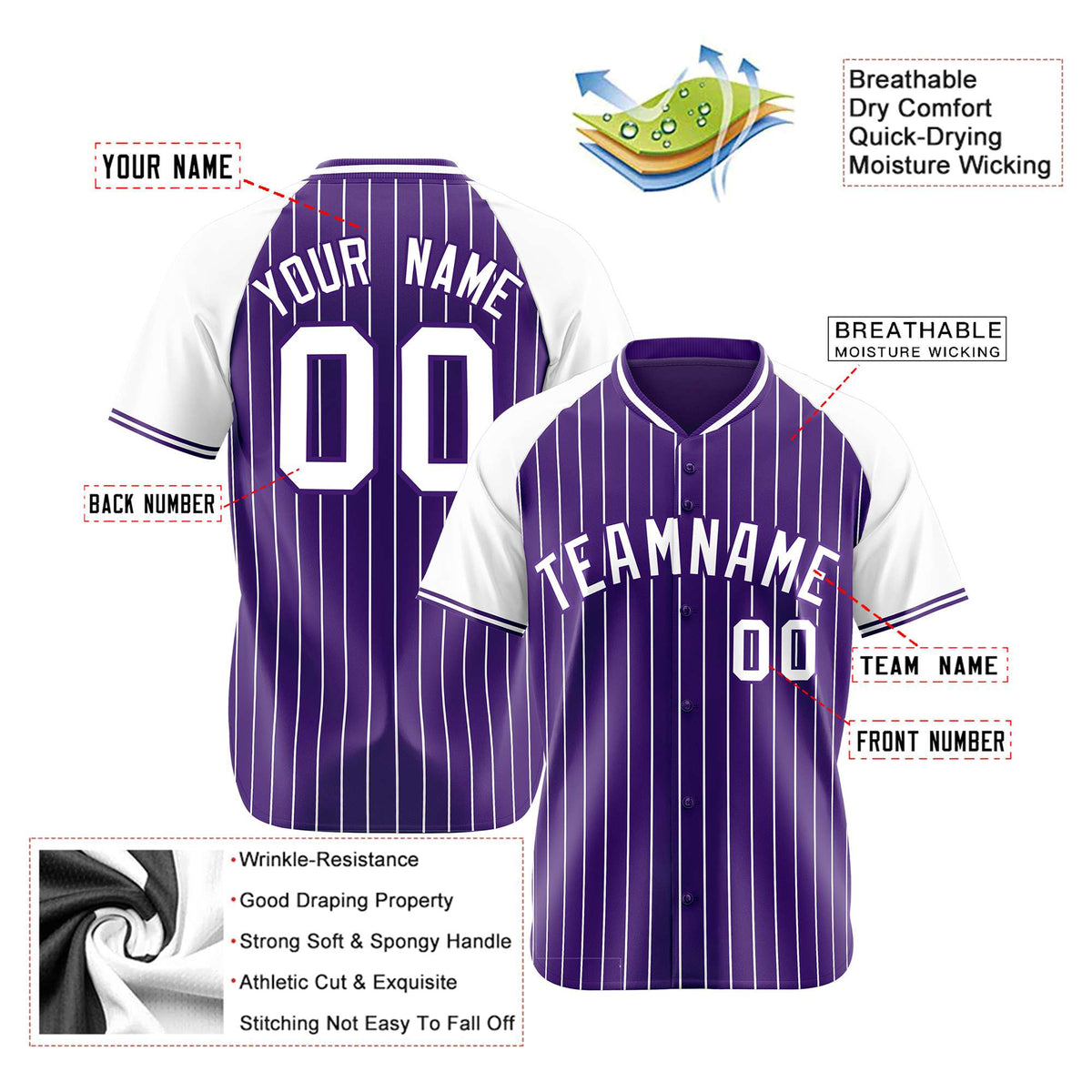 Custom Purple White Pinstripe White Purple Authentic Raglan Sleeves Baseball Jersey