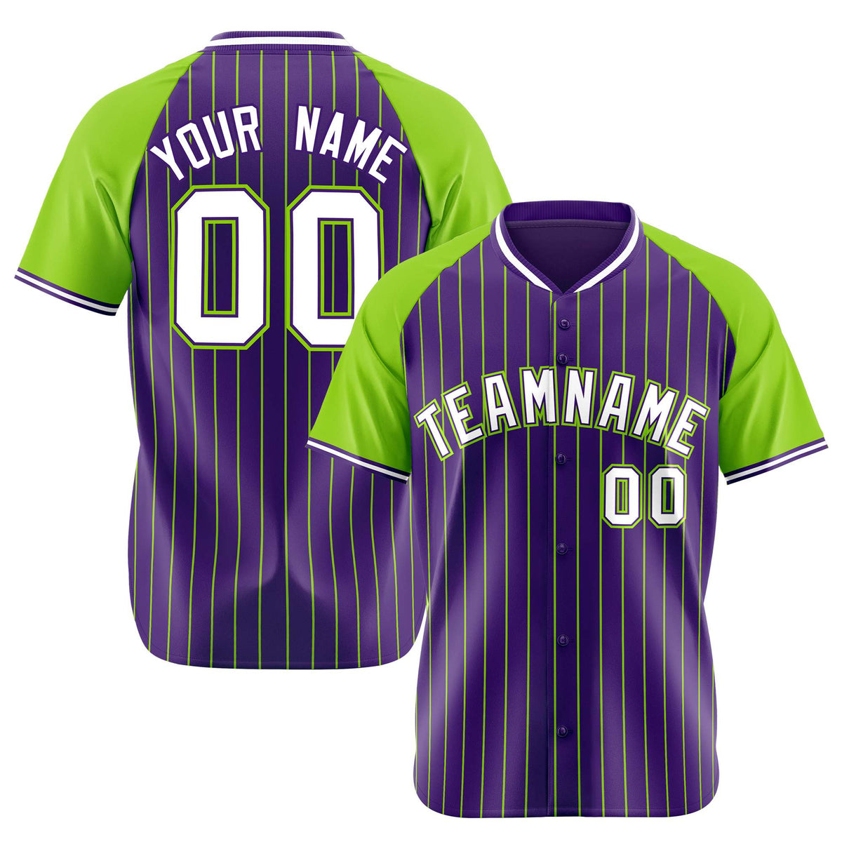 Custom Purple-Neon Green Pinstripe Authentic Raglan Sleeves Baseball Jersey