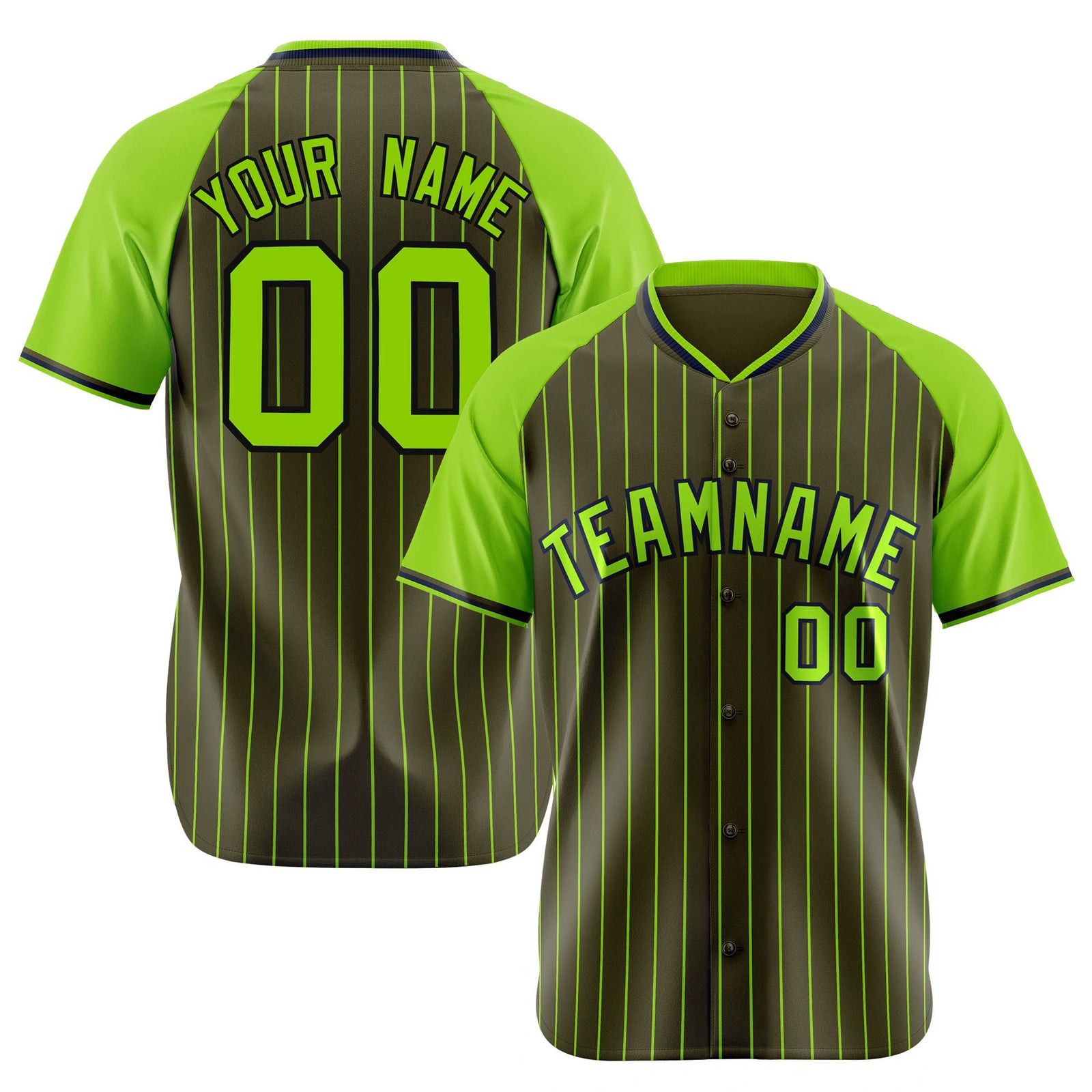 Custom Olive-Neon Green Pinstripe Authentic Raglan Sleeves Baseball Jersey