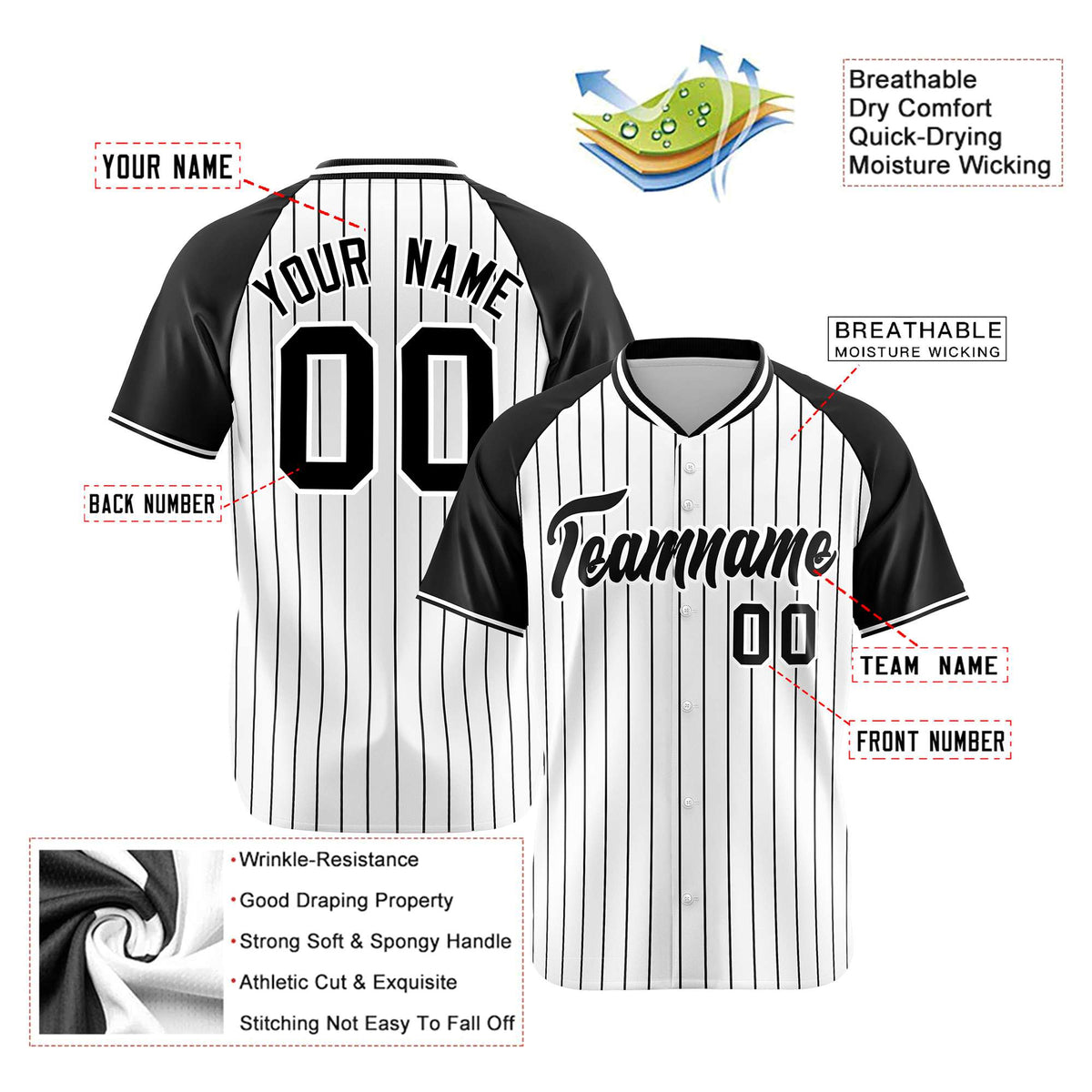 Custom White Black Pinstripe Black-White Authentic Raglan Sleeves Baseball Jersey