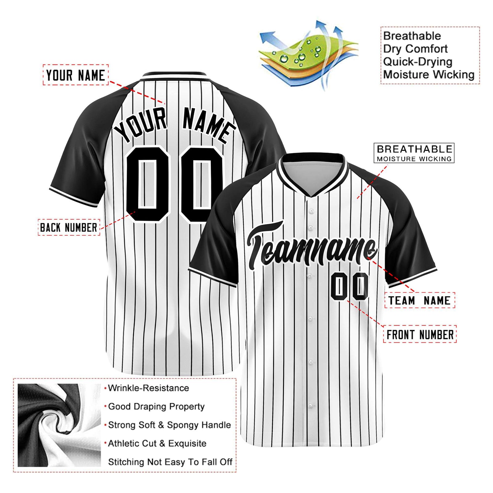 Custom White Black Pinstripe Black-White Authentic Raglan Sleeves Baseball Jersey