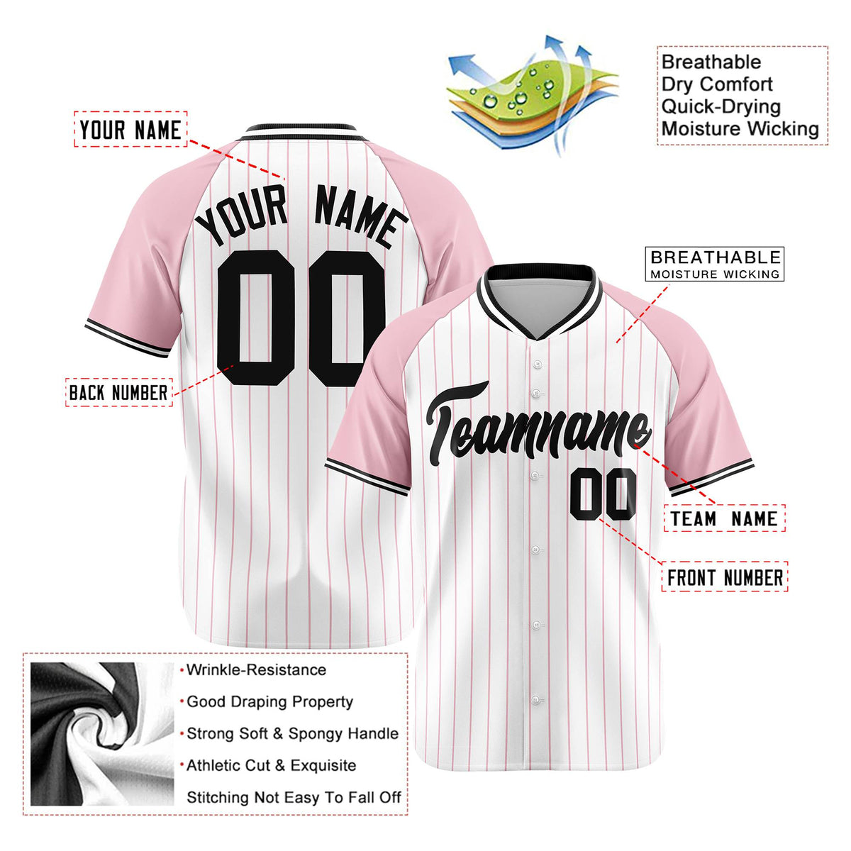 Custom White Pink Pinstripe Pink-White Authentic Raglan Sleeves Baseball Jersey