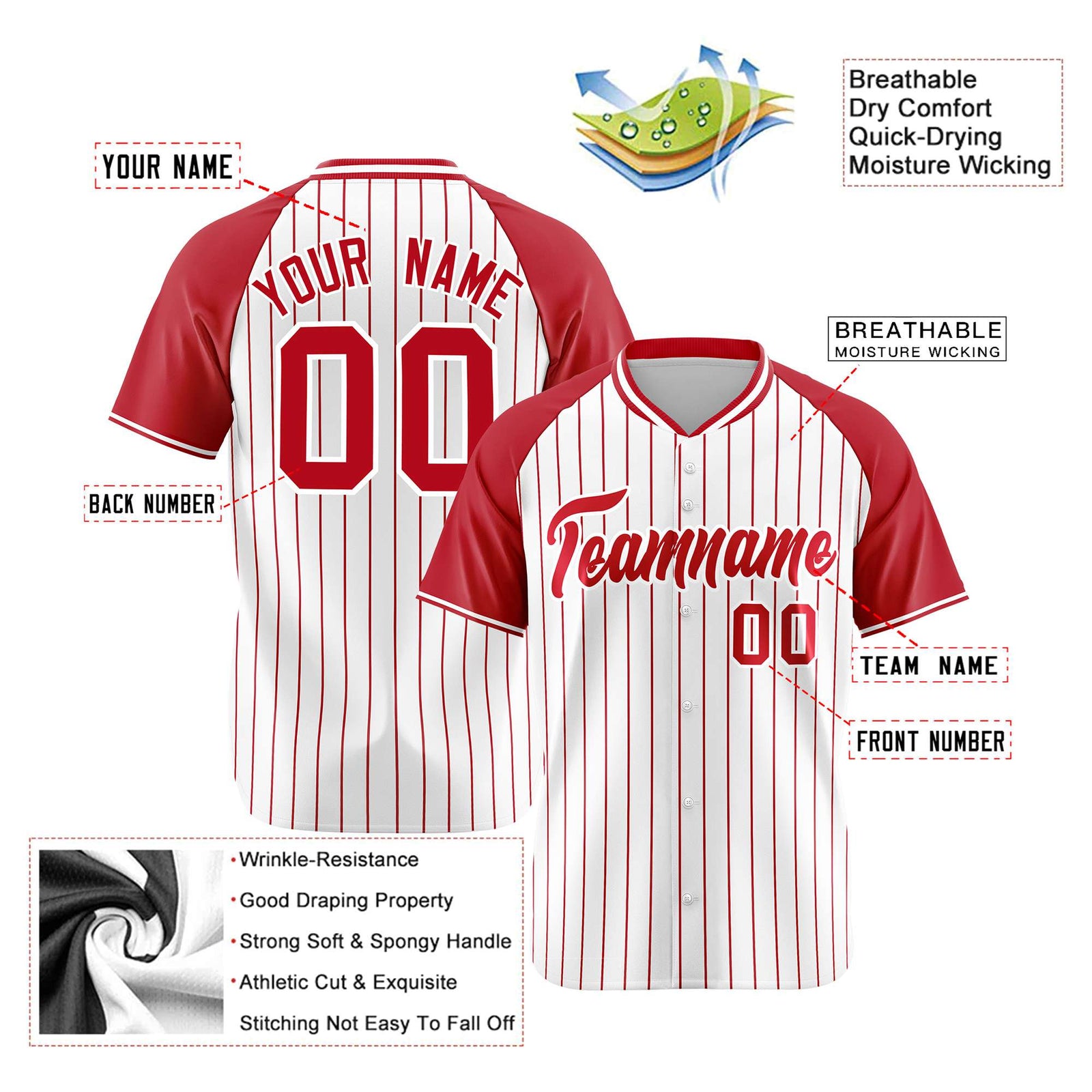 Custom White Red Pinstripe Red-White Authentic Raglan Sleeves Baseball Jersey