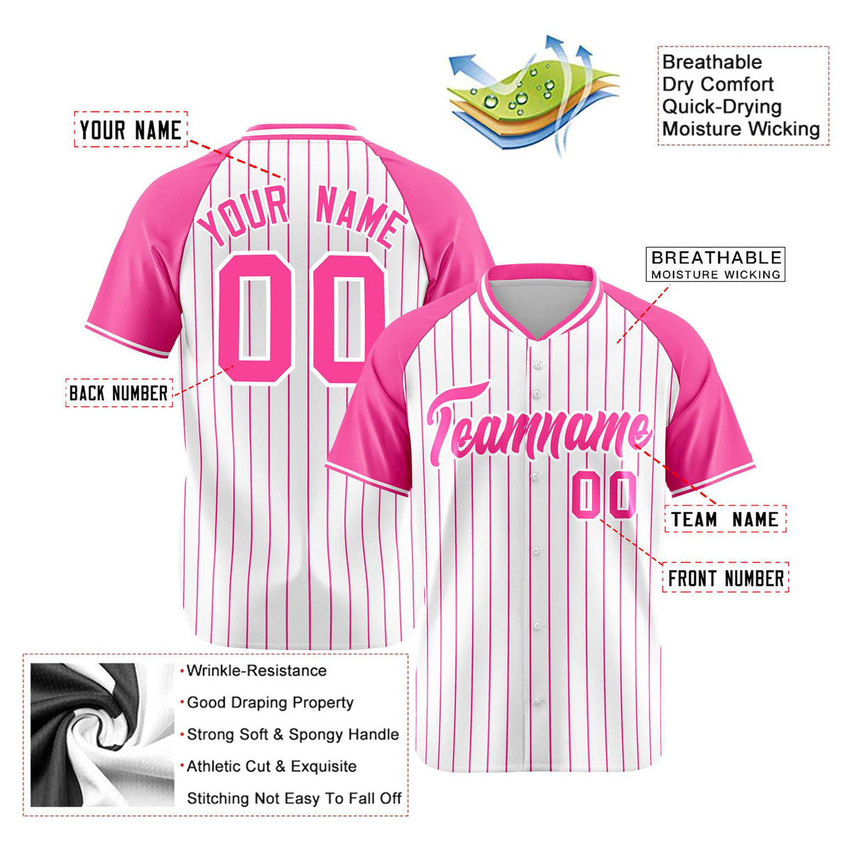 Custom White Pink Pinstripe Pink-White Authentic Raglan Sleeves Baseball Jersey