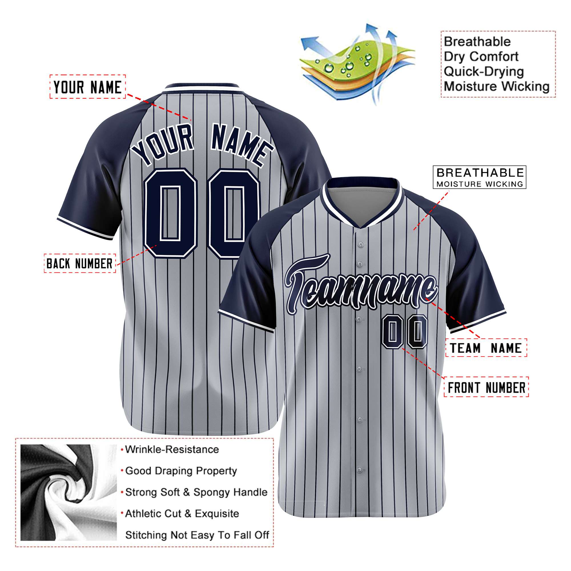 Custom Gray Navy Pinstripe Navy-Gray Authentic Raglan Sleeves Baseball Jersey