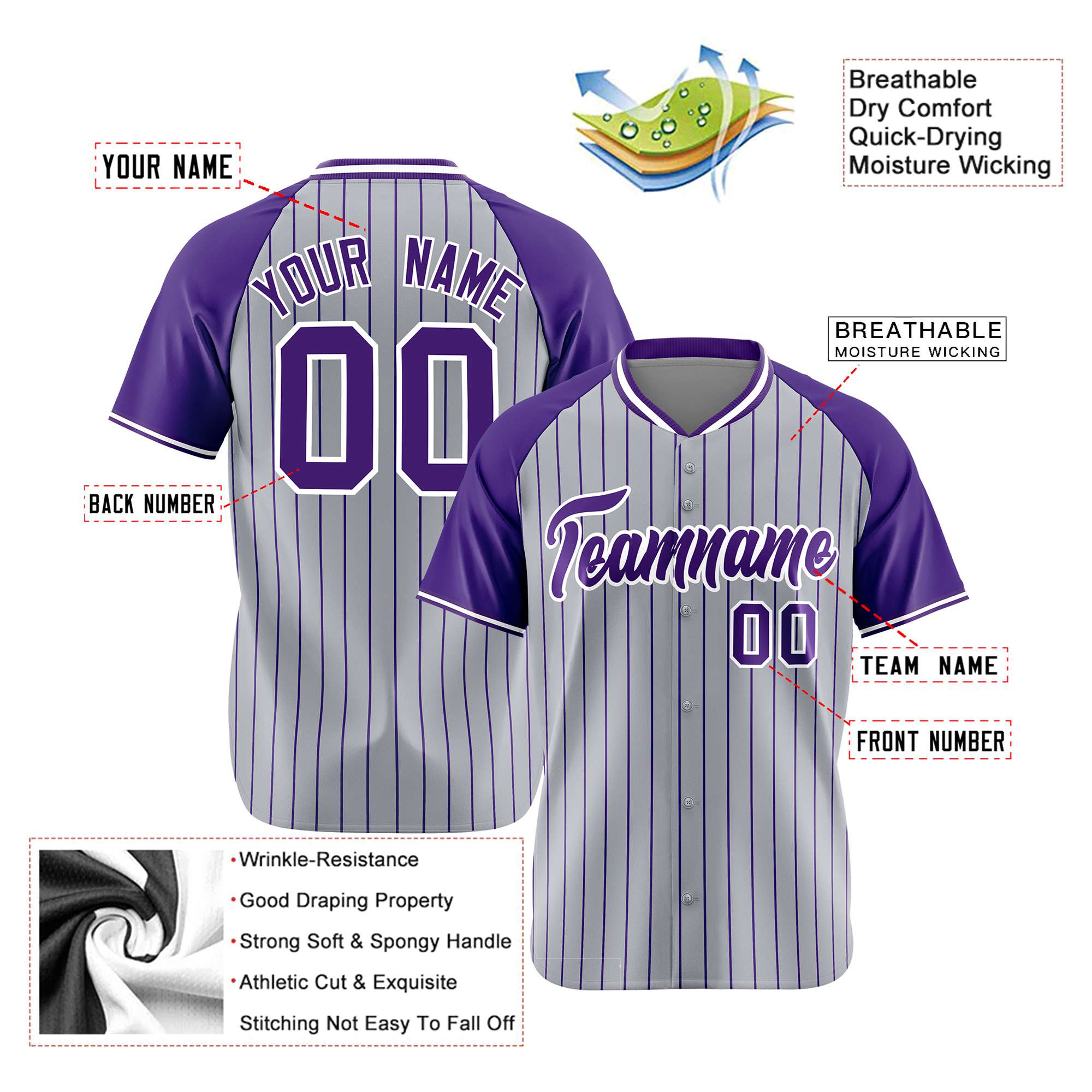 Custom Gray Purple Pinstripe Purple-Gray Authentic Raglan Sleeves Baseball Jersey