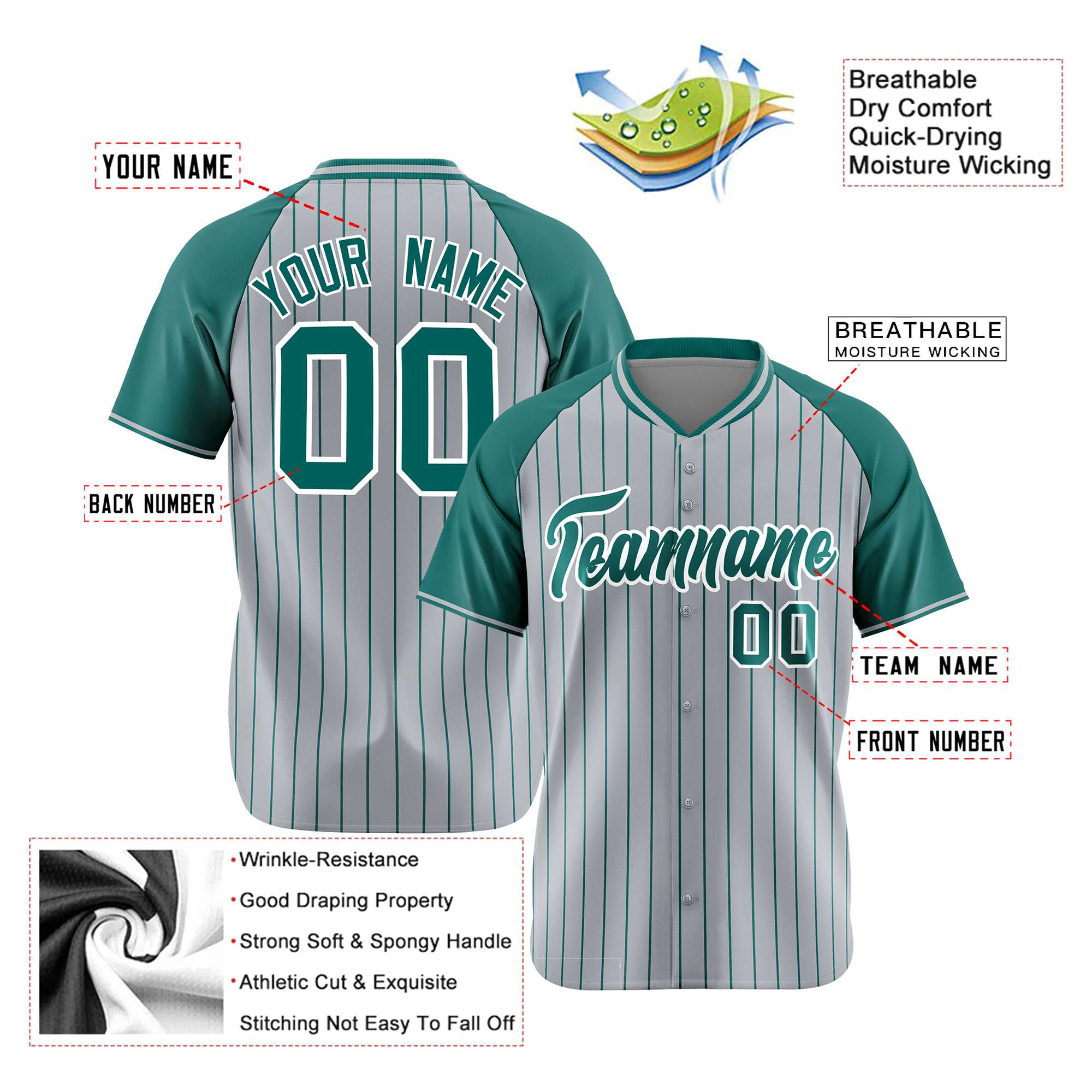 Custom Gray Aqua Pinstripe Authentic Raglan Sleeves Baseball Jersey