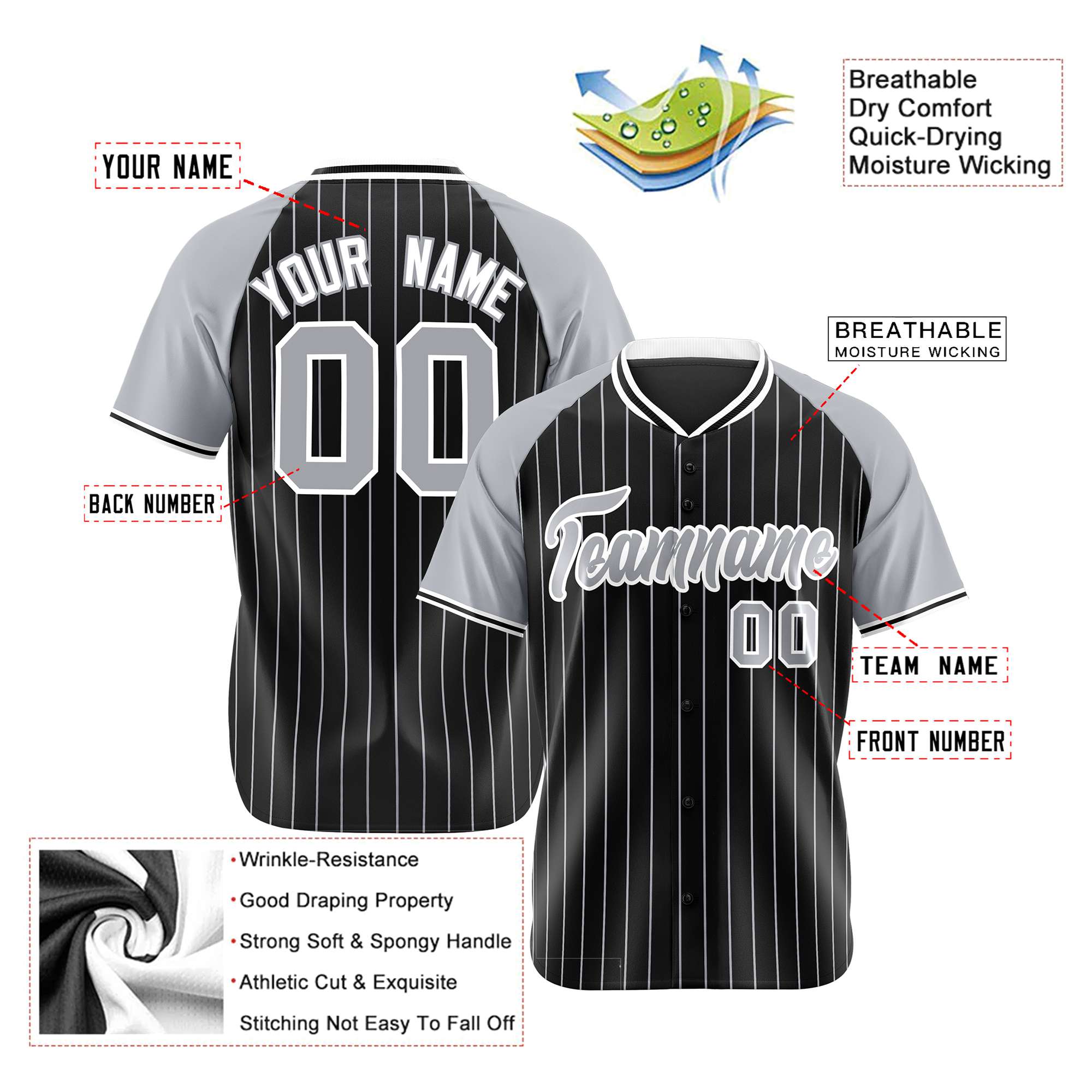 Custom Black Gray Pinstripe Gray-Black Authentic Raglan Sleeves Baseball Jersey