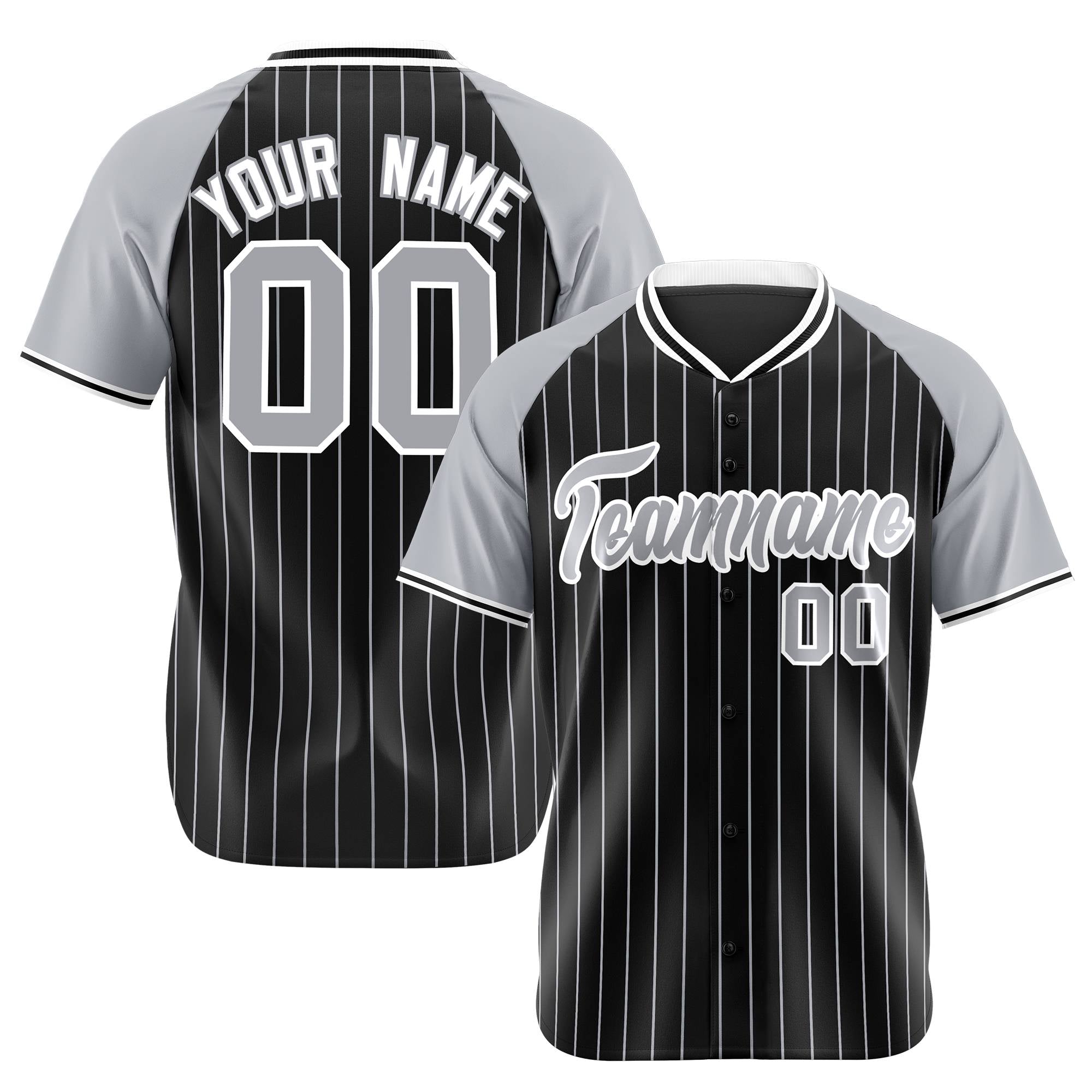 Custom Black Gray Pinstripe Gray-Black Authentic Raglan Sleeves Baseball Jersey