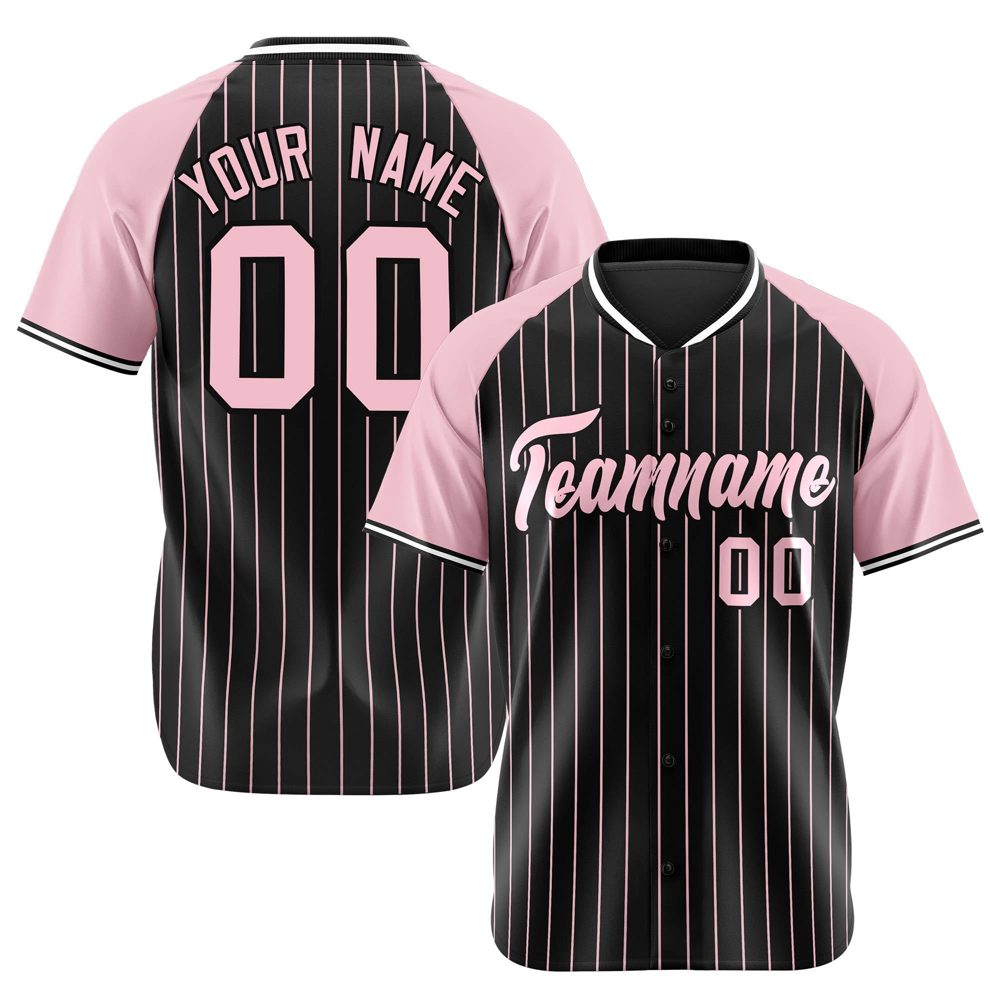 Custom Black Pink Pinstripe Pink-Black Authentic Raglan Sleeves Baseball Jersey