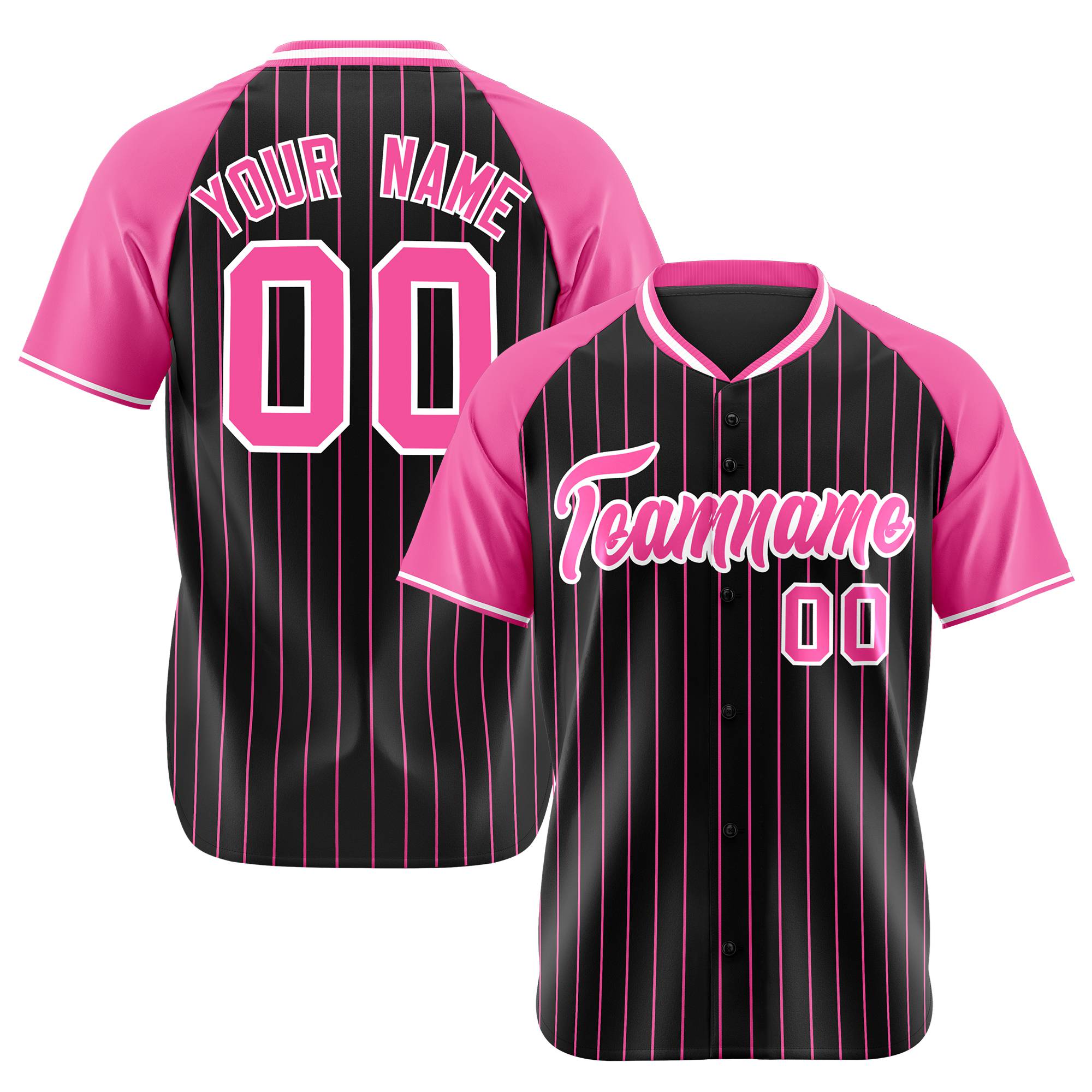 Custom Black Pink Pinstripe Pink-Black Authentic Raglan Sleeves Baseball Jersey