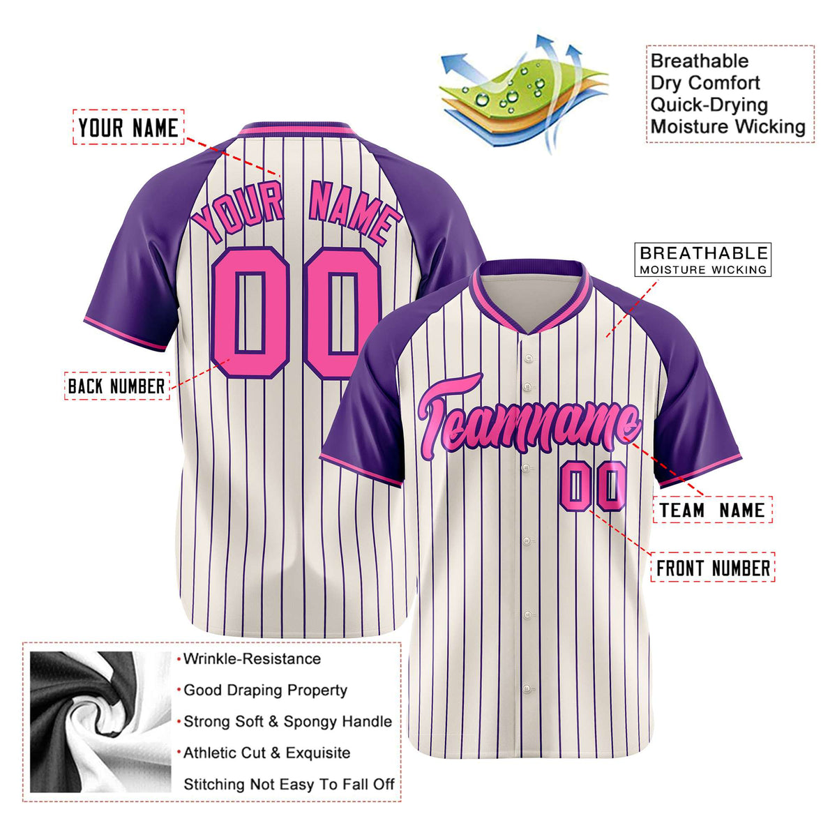Custom Khaki Purple Pinstripe Authentic Raglan Sleeves Baseball Jersey