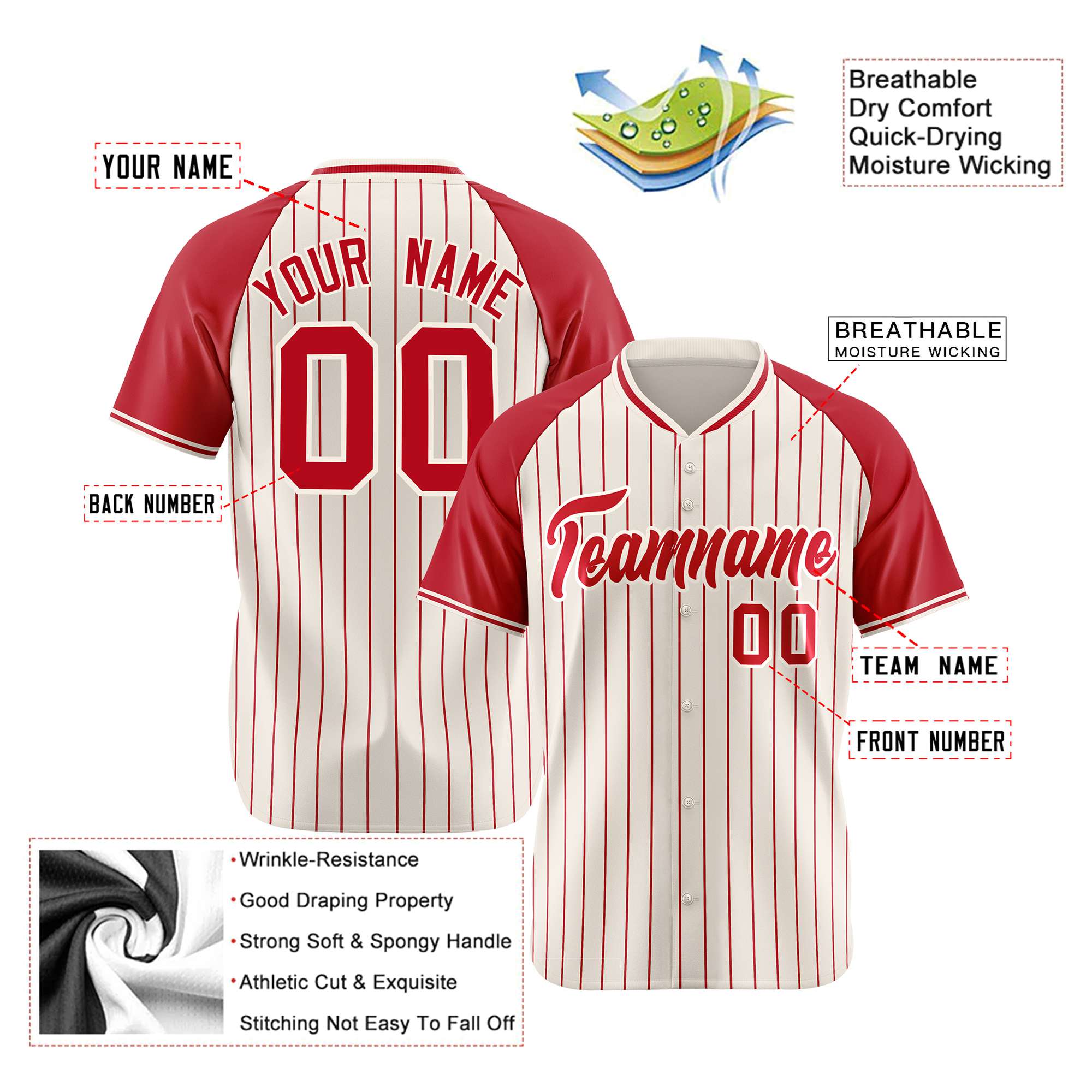 Custom Cream Red Pinstripe Red-Cream Authentic Raglan Sleeves Baseball Jersey