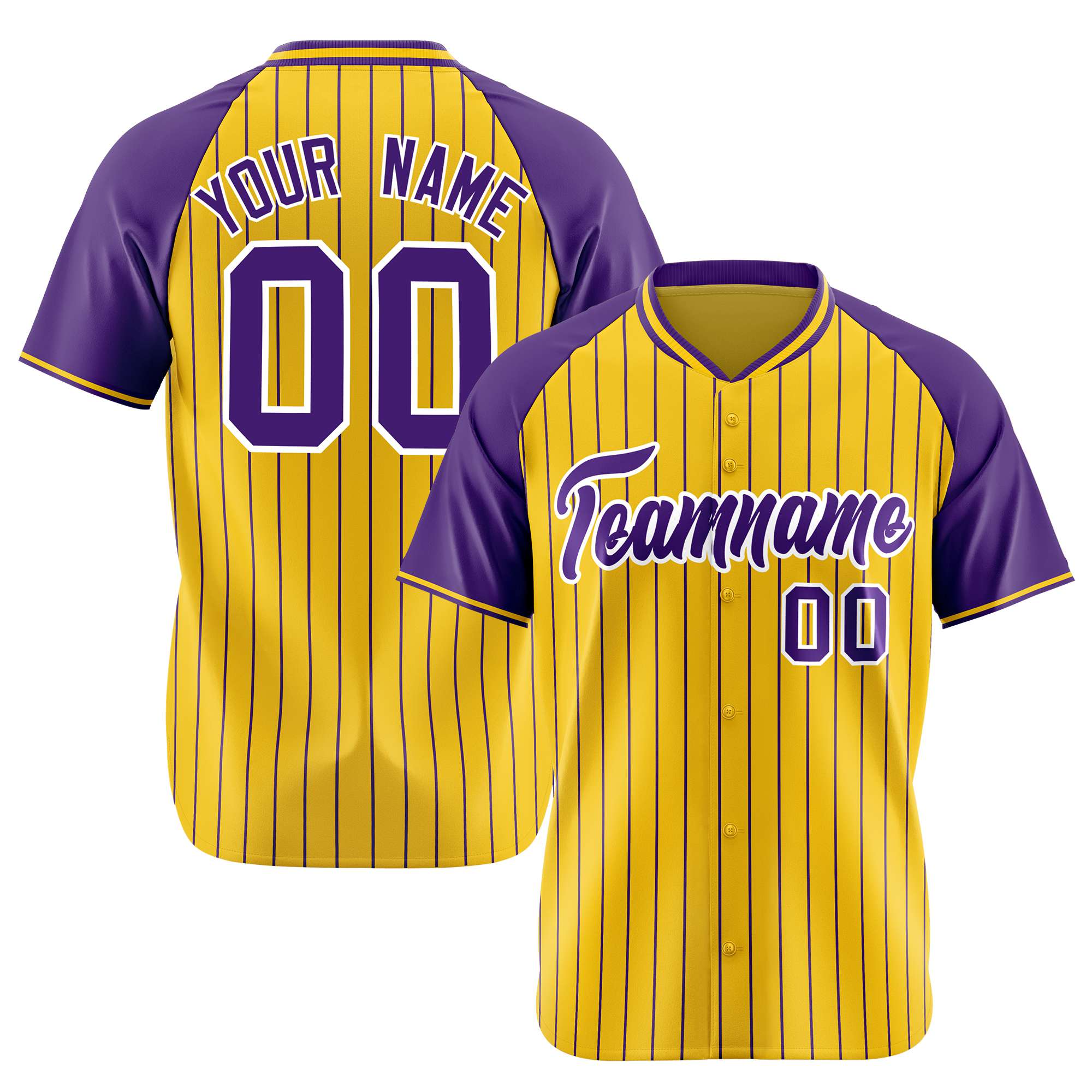 Custom Gold Purple Pinstripe Purple Gold Authentic Raglan Sleeves Baseball Jersey