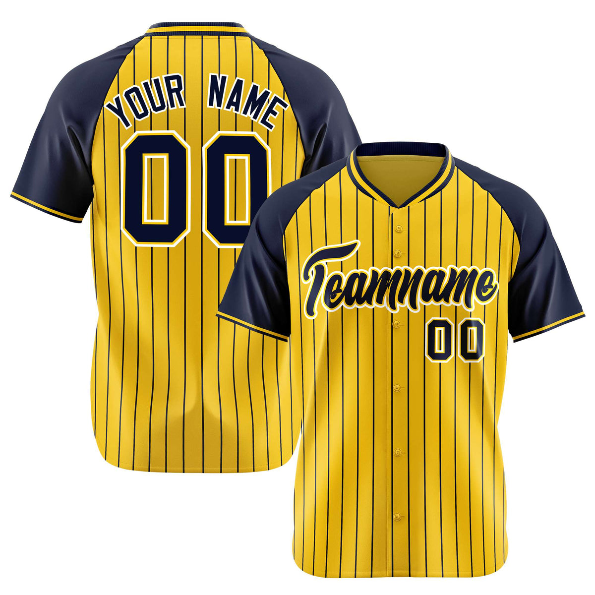 Custom Gold Navy Pinstripe Navy Gold Authentic Raglan Sleeves Baseball Jersey