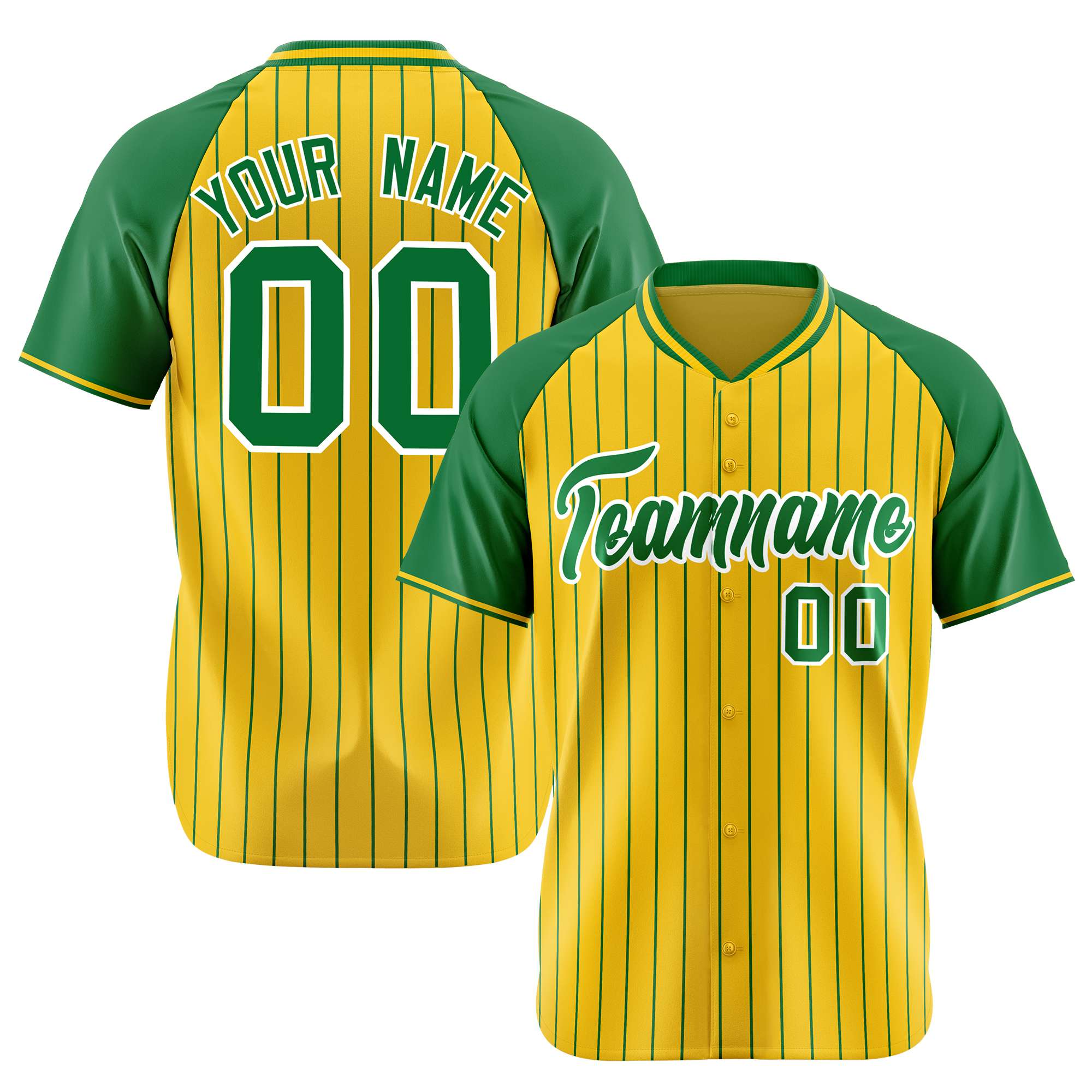 Custom Gold-Kelly Green Pinstripe Gold-Kelly Green Authentic Raglan Sleeves Baseball Jersey