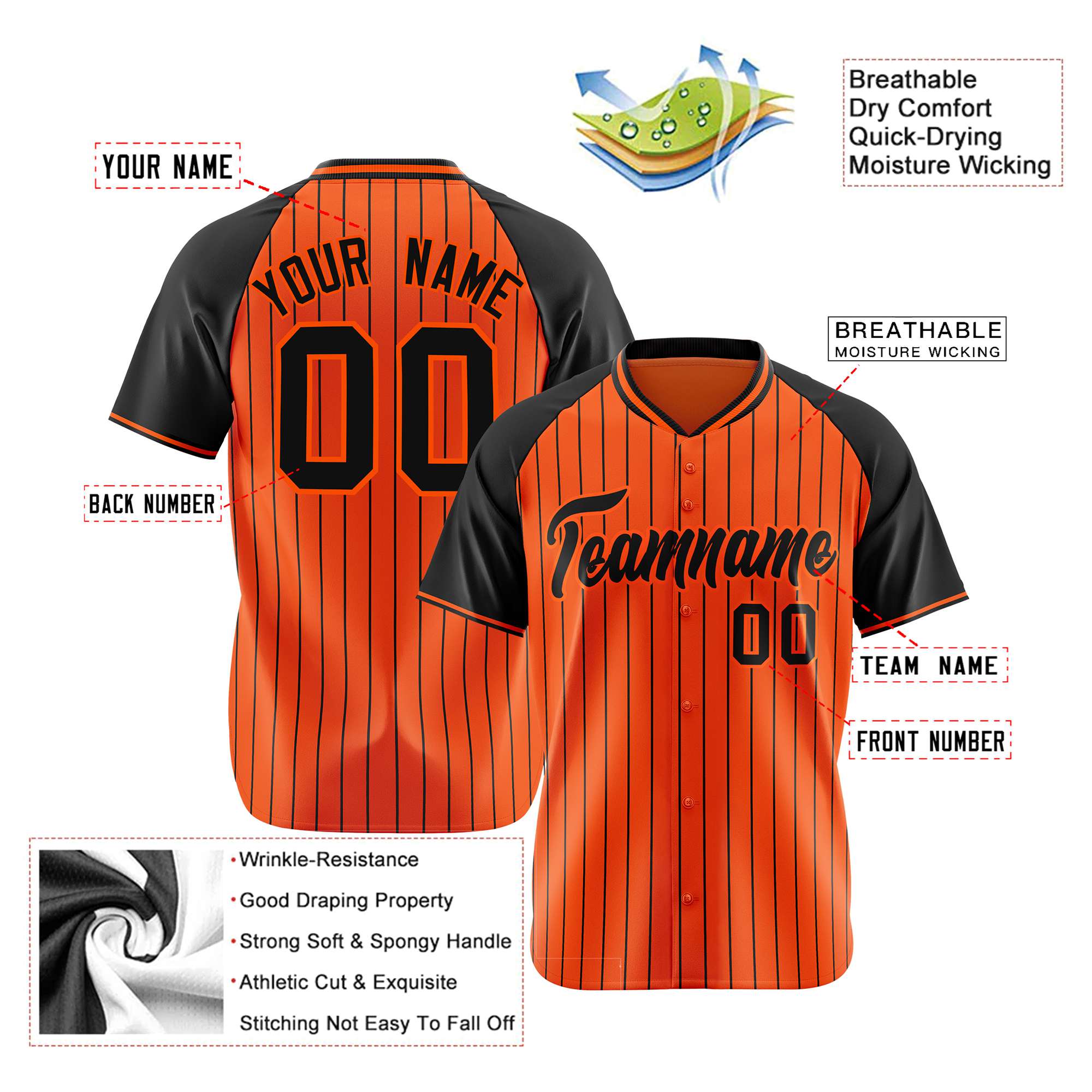 Custom Orange Black Pinstripe Black-Orange Authentic Raglan Sleeves Baseball Jersey