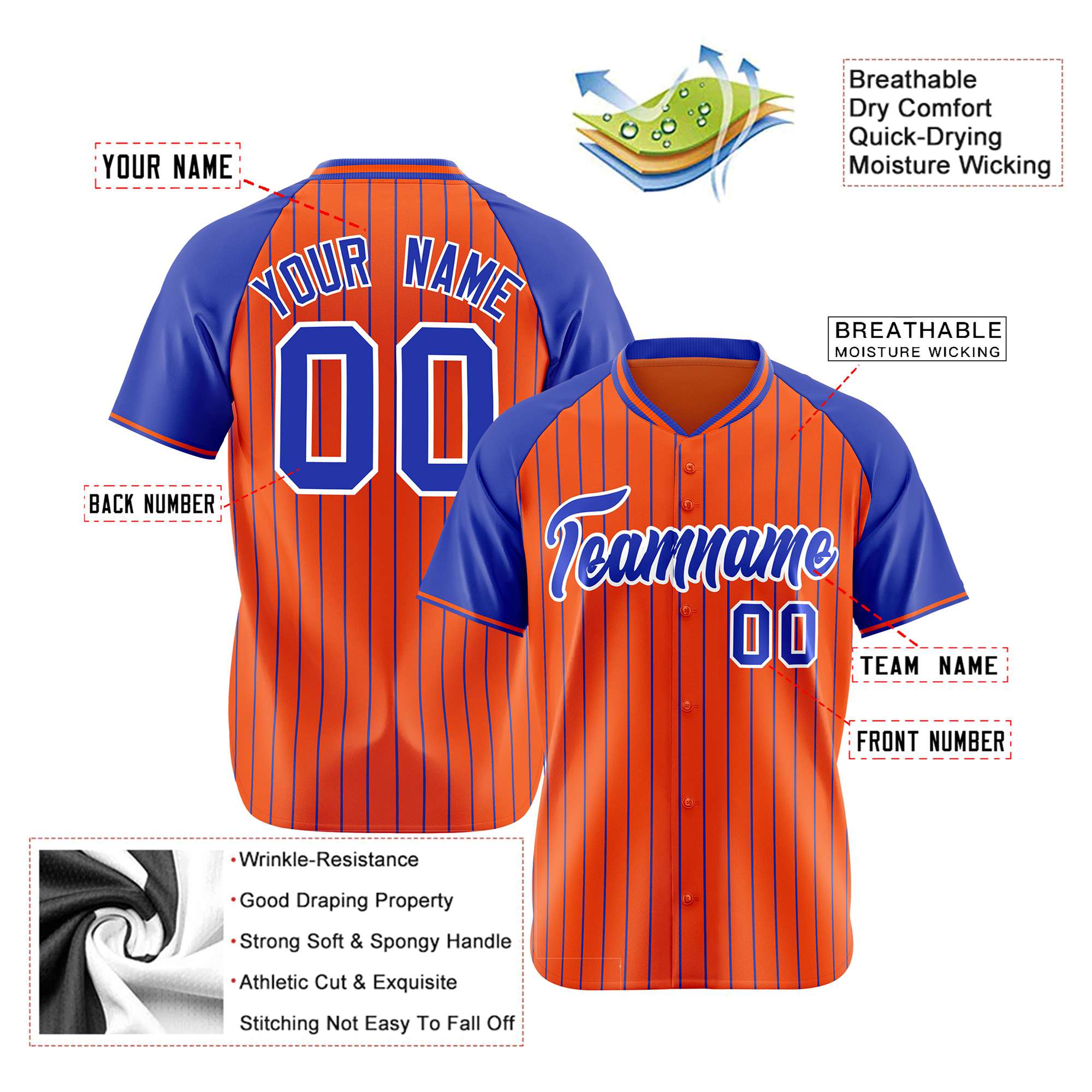 Custom Orange-Royal Blue Pinstripe Authentic Raglan Sleeves Baseball Jersey