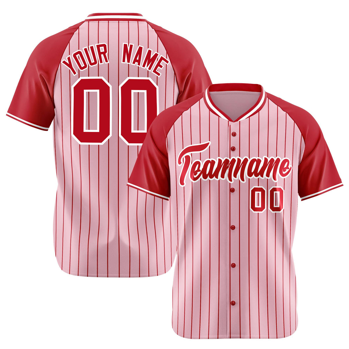 Custom Pink Red Pinstripe Red-Pink Authentic Raglan Sleeves Baseball Jersey