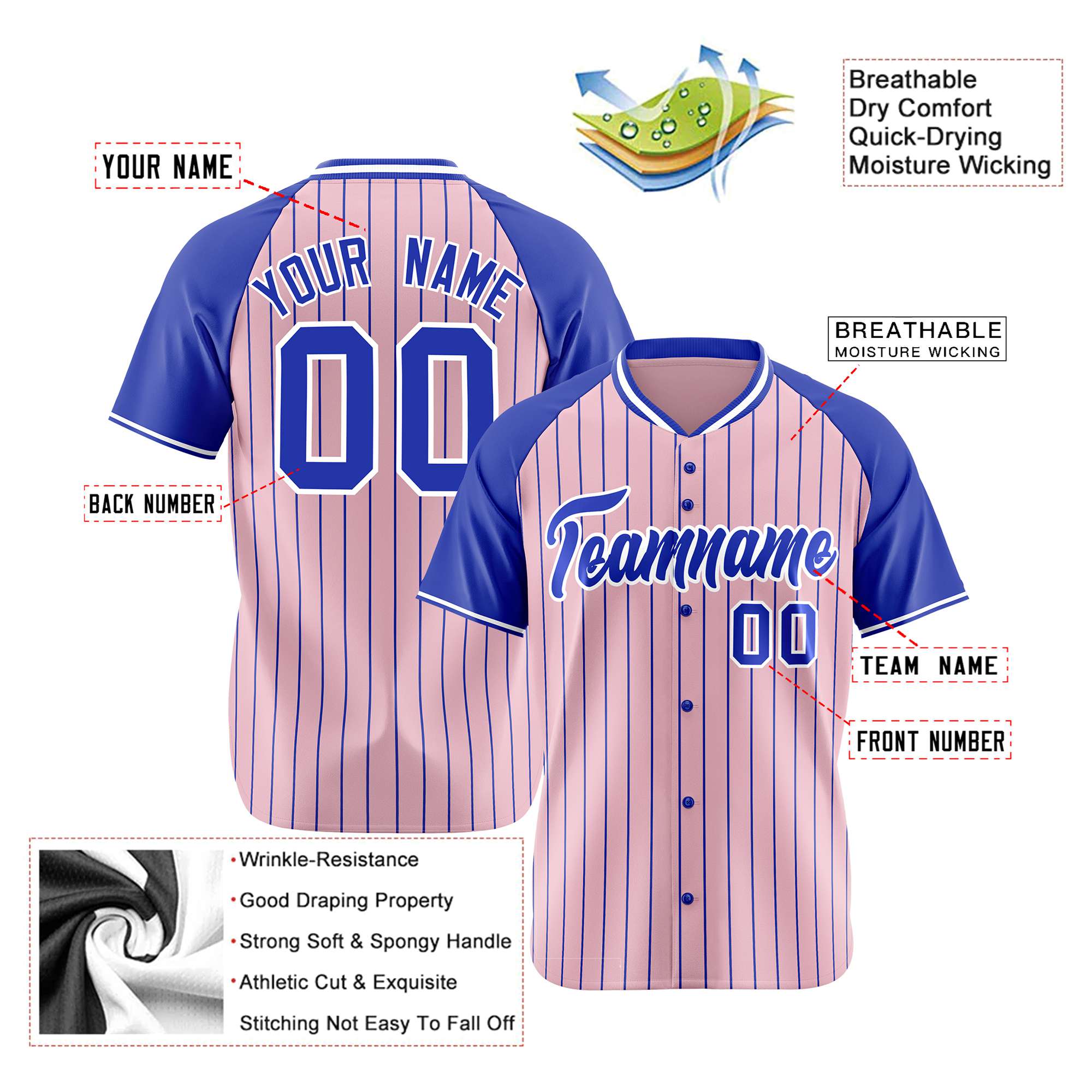 Custom Pink-Royal Blue Pinstripe Authentic Raglan Sleeves Baseball Jersey