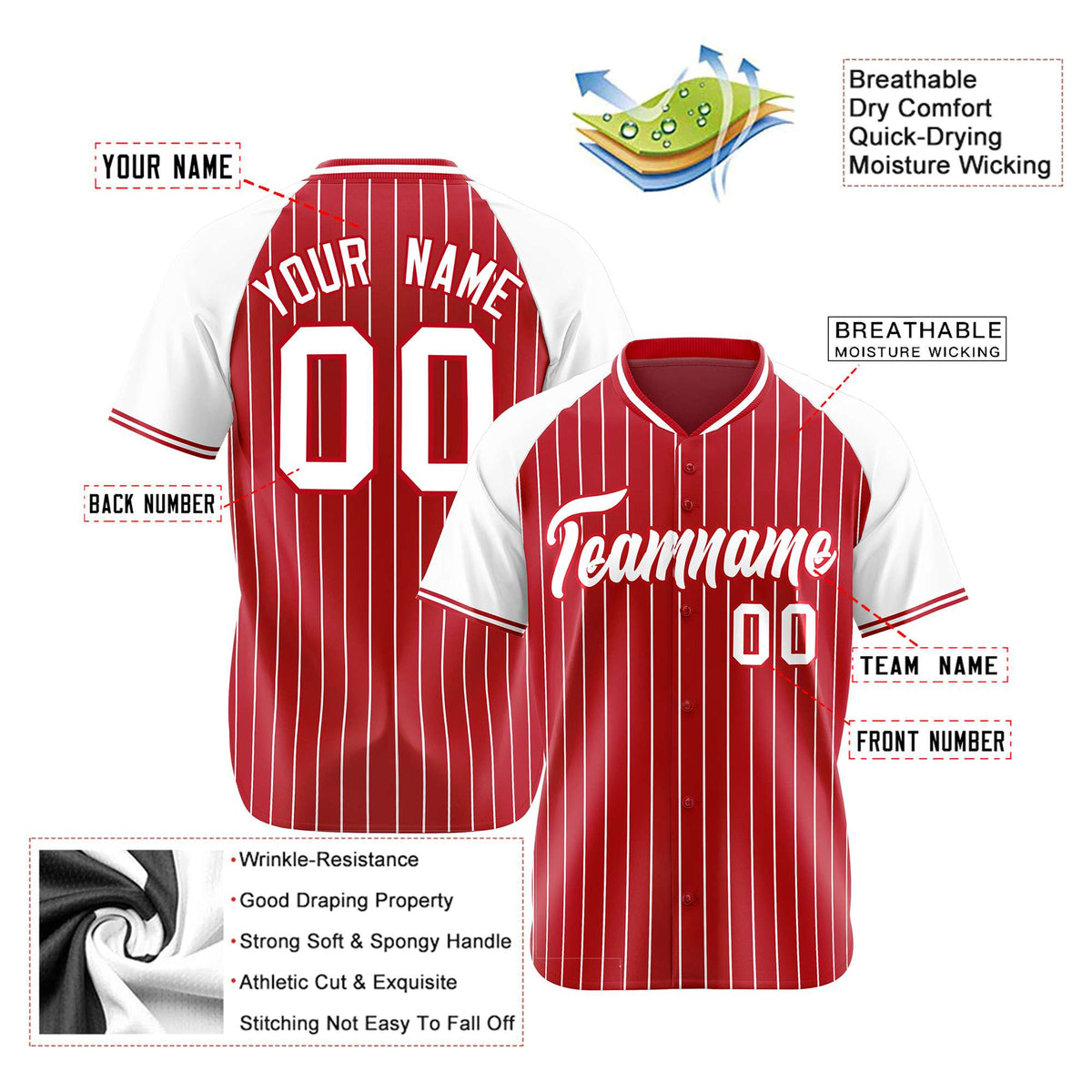 Custom Red White Pinstripe White-Red Authentic Raglan Sleeves Baseball Jersey