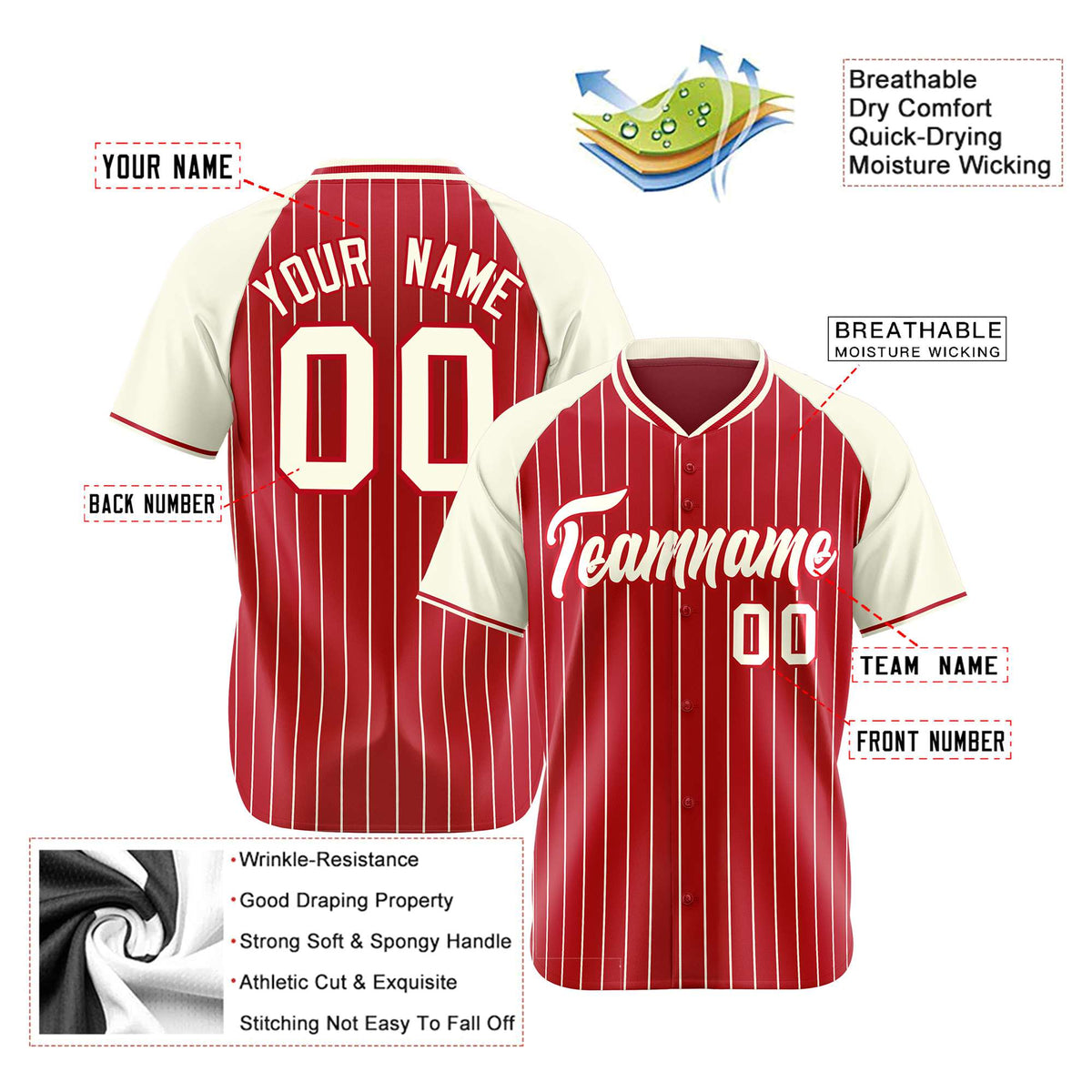 Custom Red Cream Pinstripe Cream-Red Authentic Raglan Sleeves Baseball Jersey