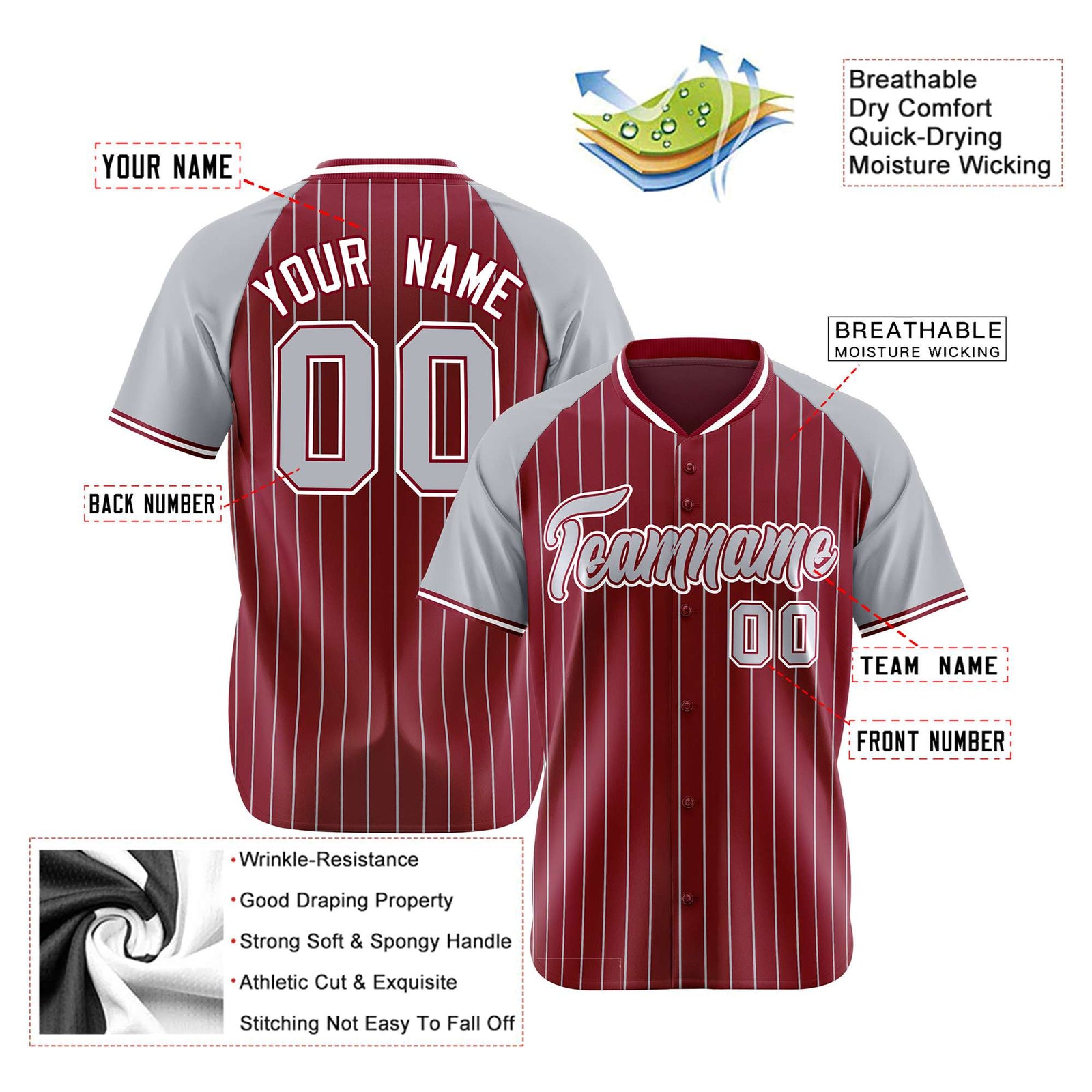 Custom Crimson Gray Pinstripe Authentic Raglan Sleeves Baseball Jersey
