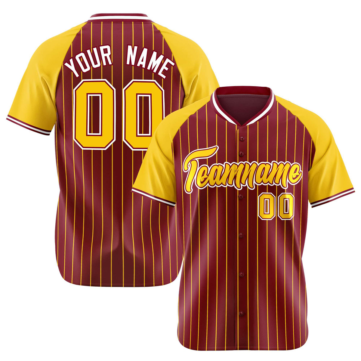 Custom Crimson Gold Pinstripe Authentic Raglan Sleeves Baseball Jersey