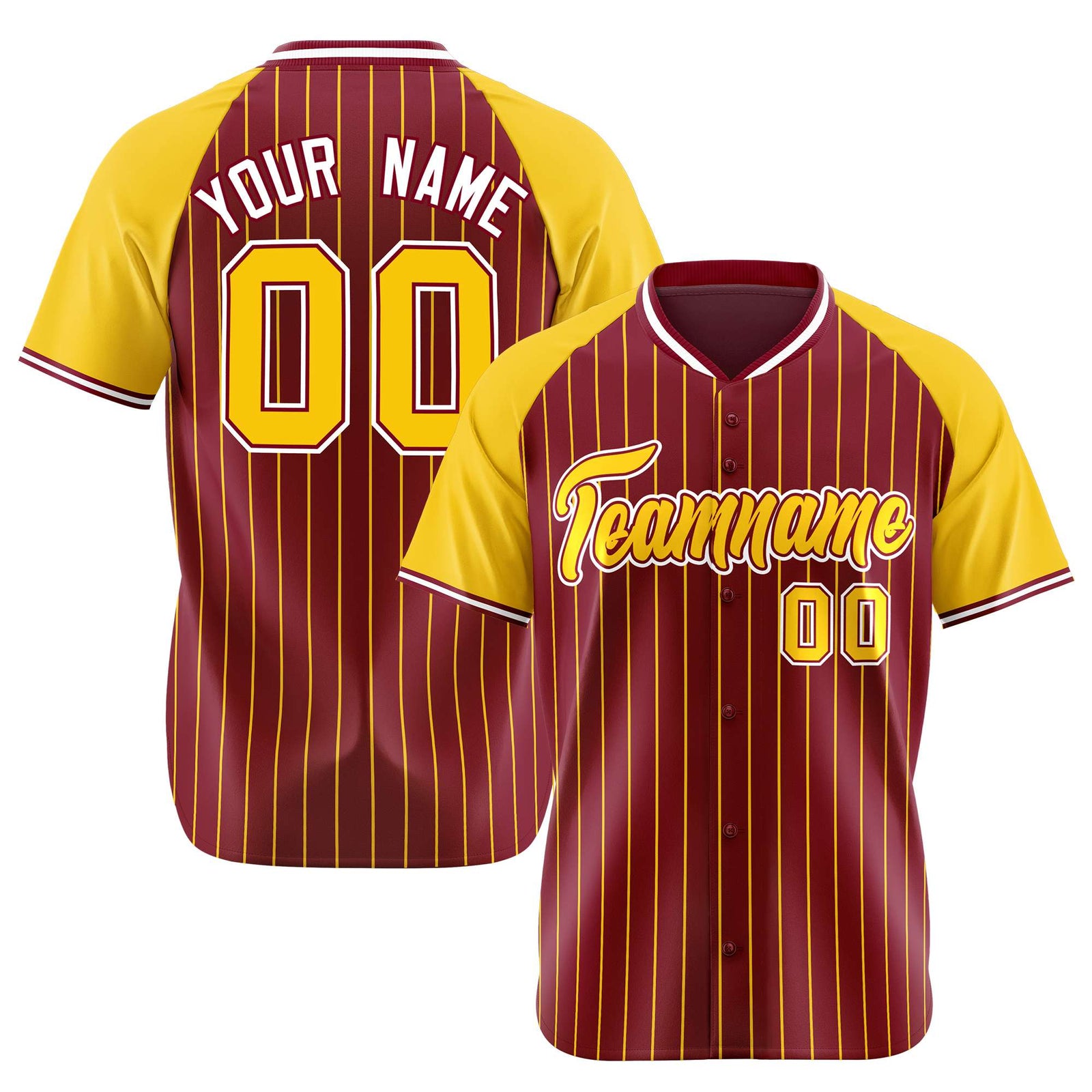 Custom Crimson Gold Pinstripe Authentic Raglan Sleeves Baseball Jersey