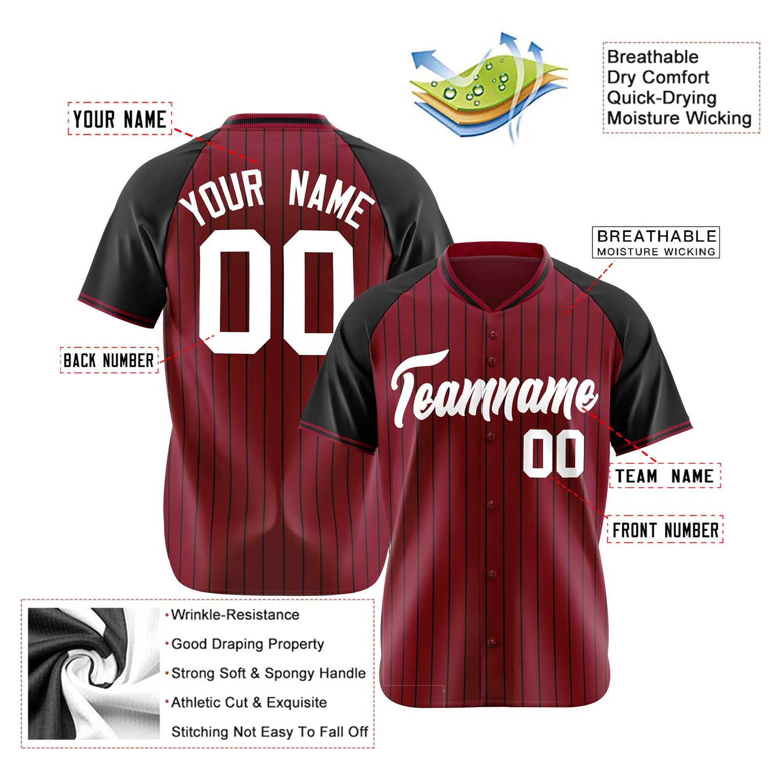 Custom Crimson Black Pinstripe Authentic Raglan Sleeves Baseball Jersey