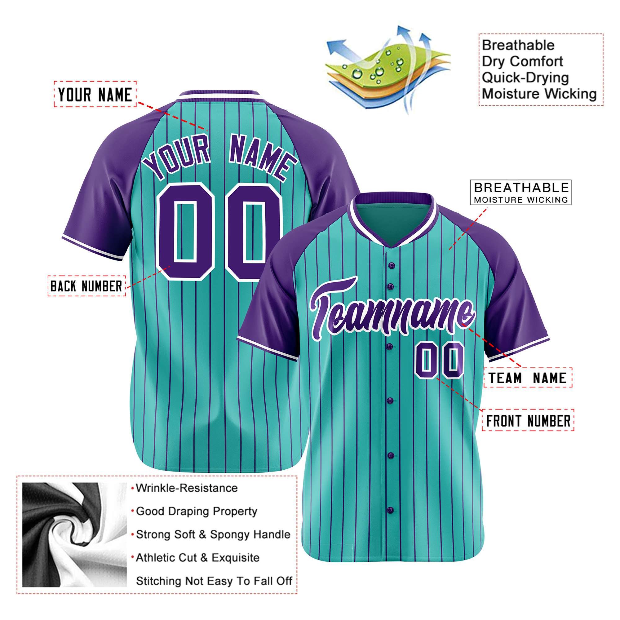 Custom Bright Green-Purple Pinstripe Authentic Raglan Sleeves Baseball Jersey