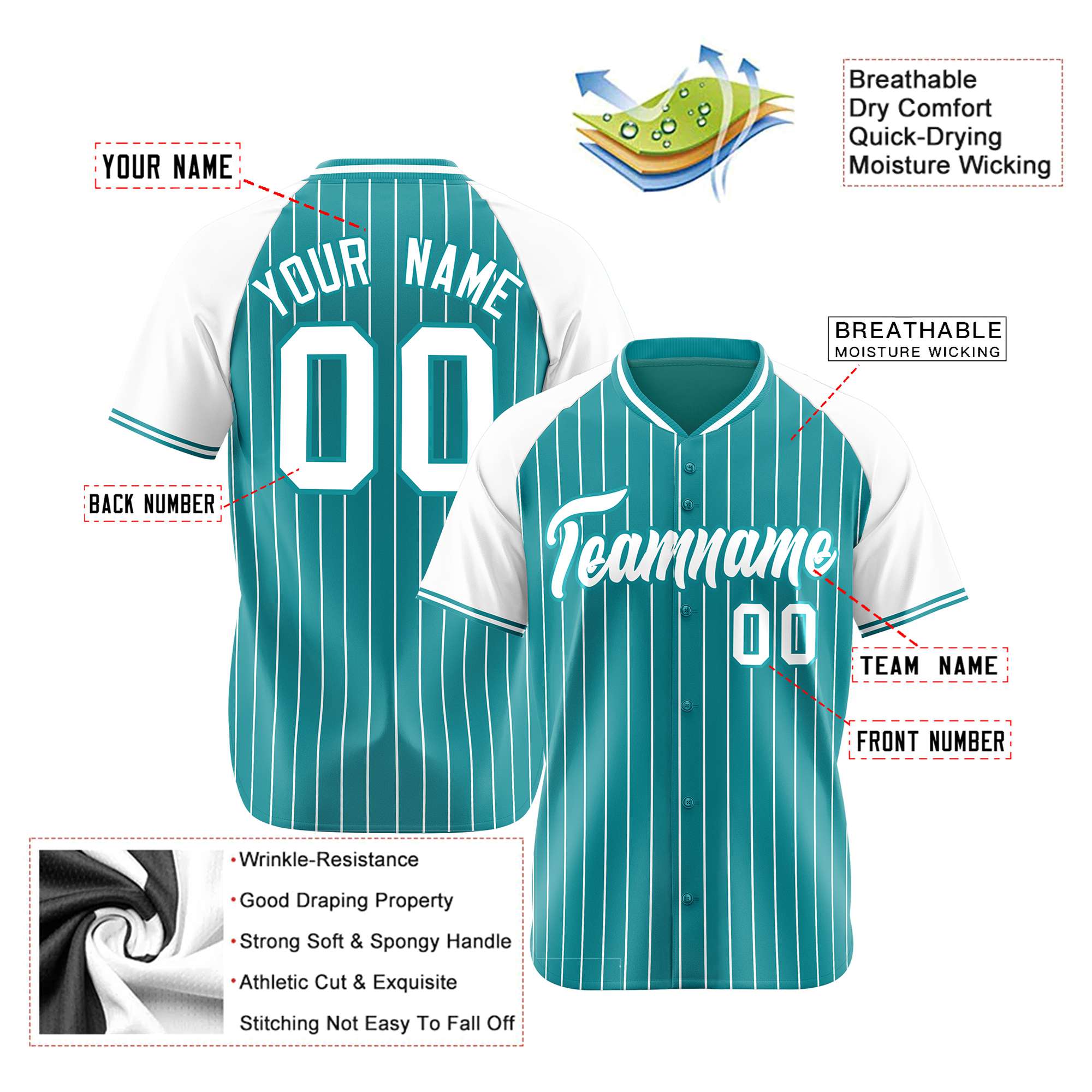 Custom Aqua White Pinstripe White-Aqua Authentic Raglan Sleeves Baseball Jersey