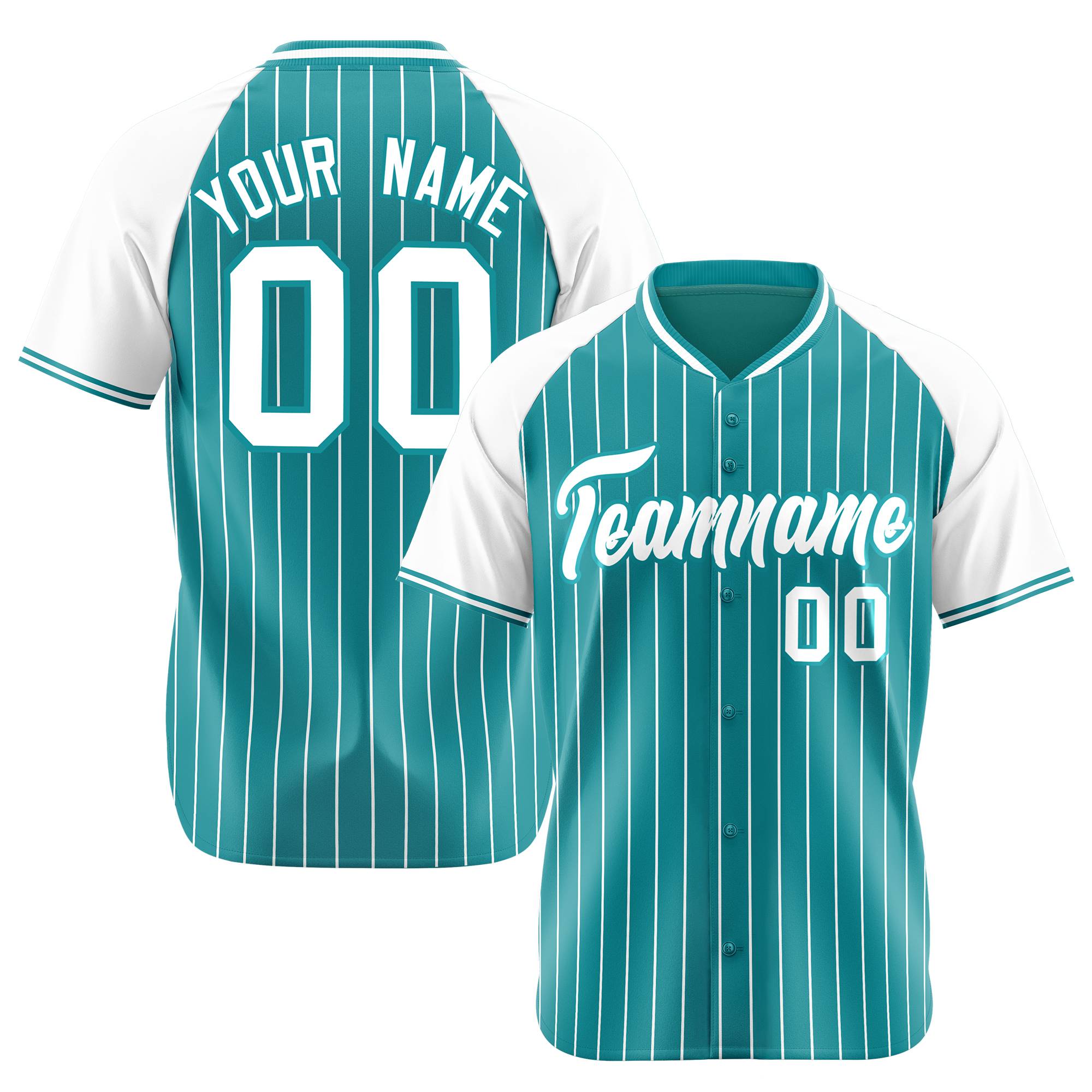 Custom Aqua White Pinstripe White-Aqua Authentic Raglan Sleeves Baseball Jersey