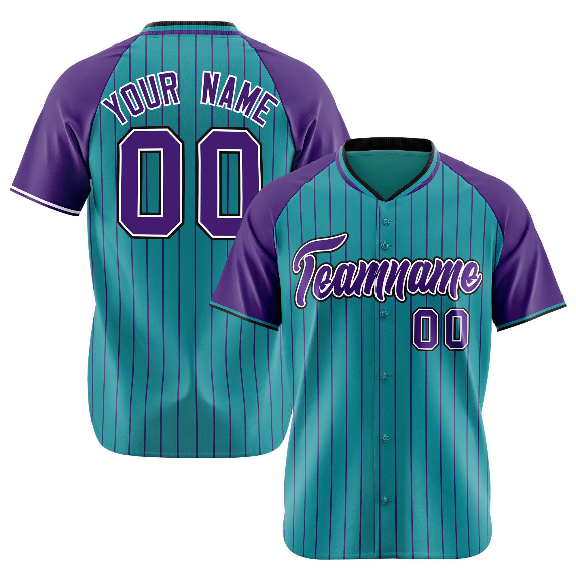 Custom Aqua Purple Pinstripe Purple-Aqua Authentic Raglan Sleeves Baseball Jersey