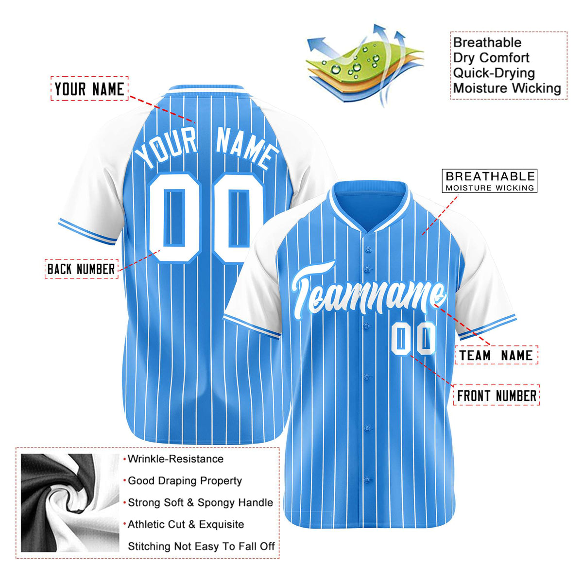 Custom Powder Blue-White Pinstripe Authentic Raglan Sleeves Baseball Jersey