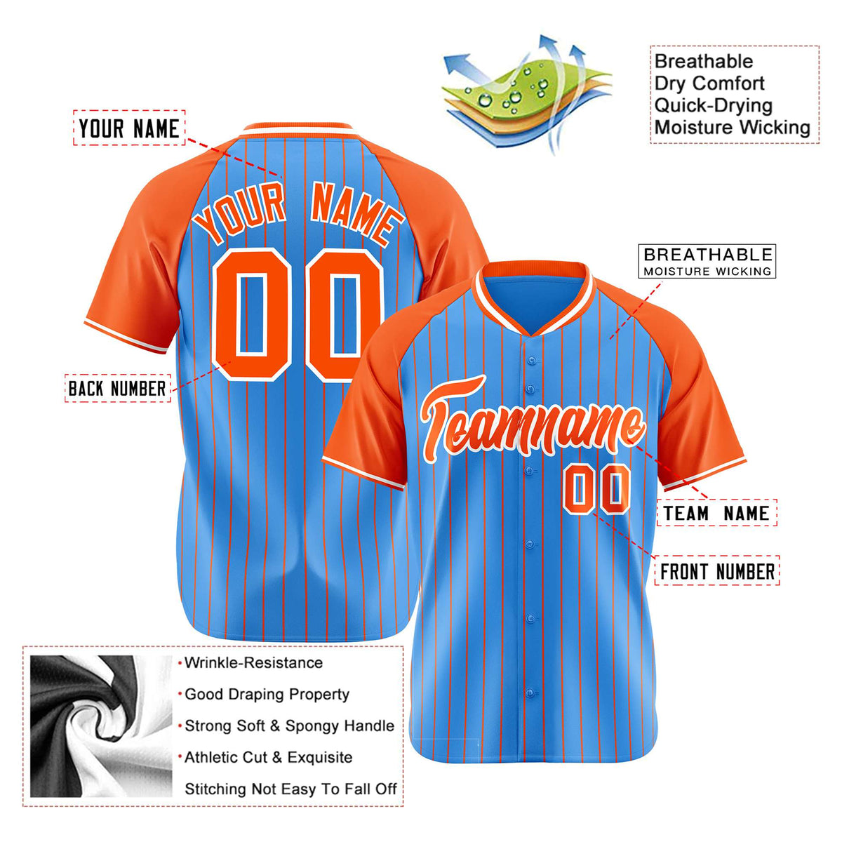 Custom Blue Orange Pinstripe Orange-Blue Authentic Raglan Sleeves Baseball Jersey
