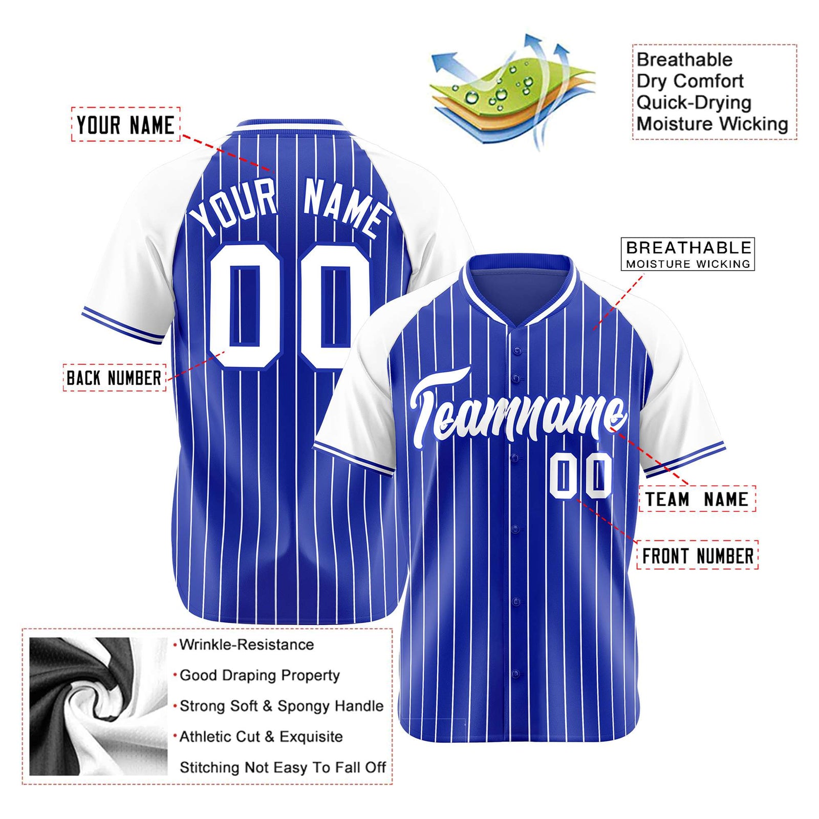 Custom Royal Blue-White Pinstripe Authentic Raglan Sleeves Baseball Jersey