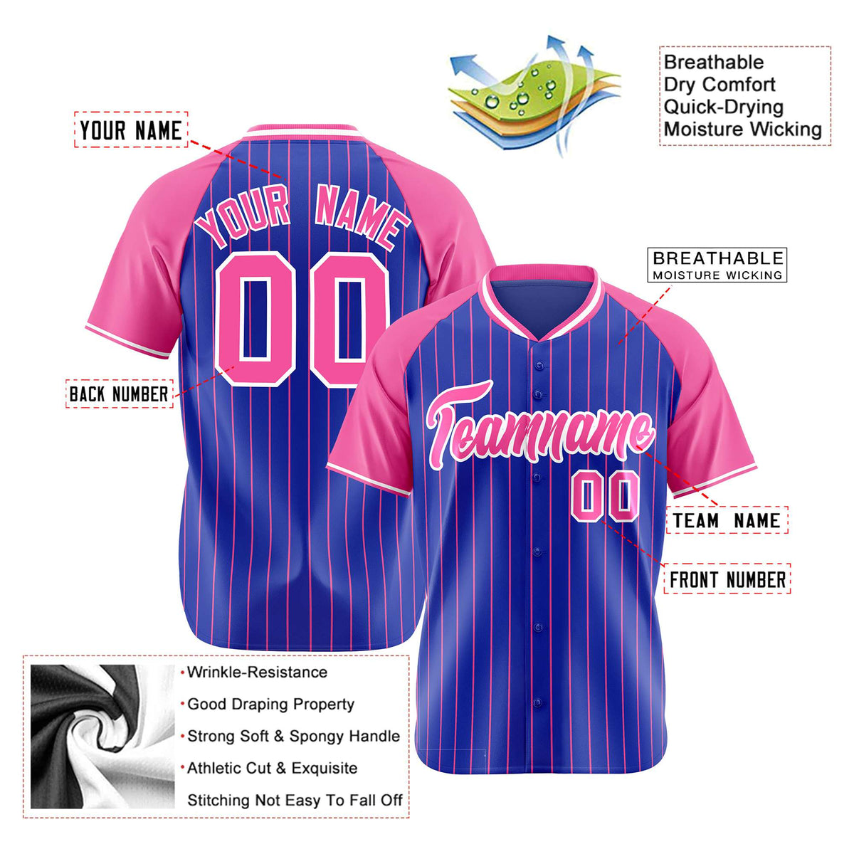 Custom Royal Blue-Pink Pinstripe Authentic Raglan Sleeves Baseball Jersey